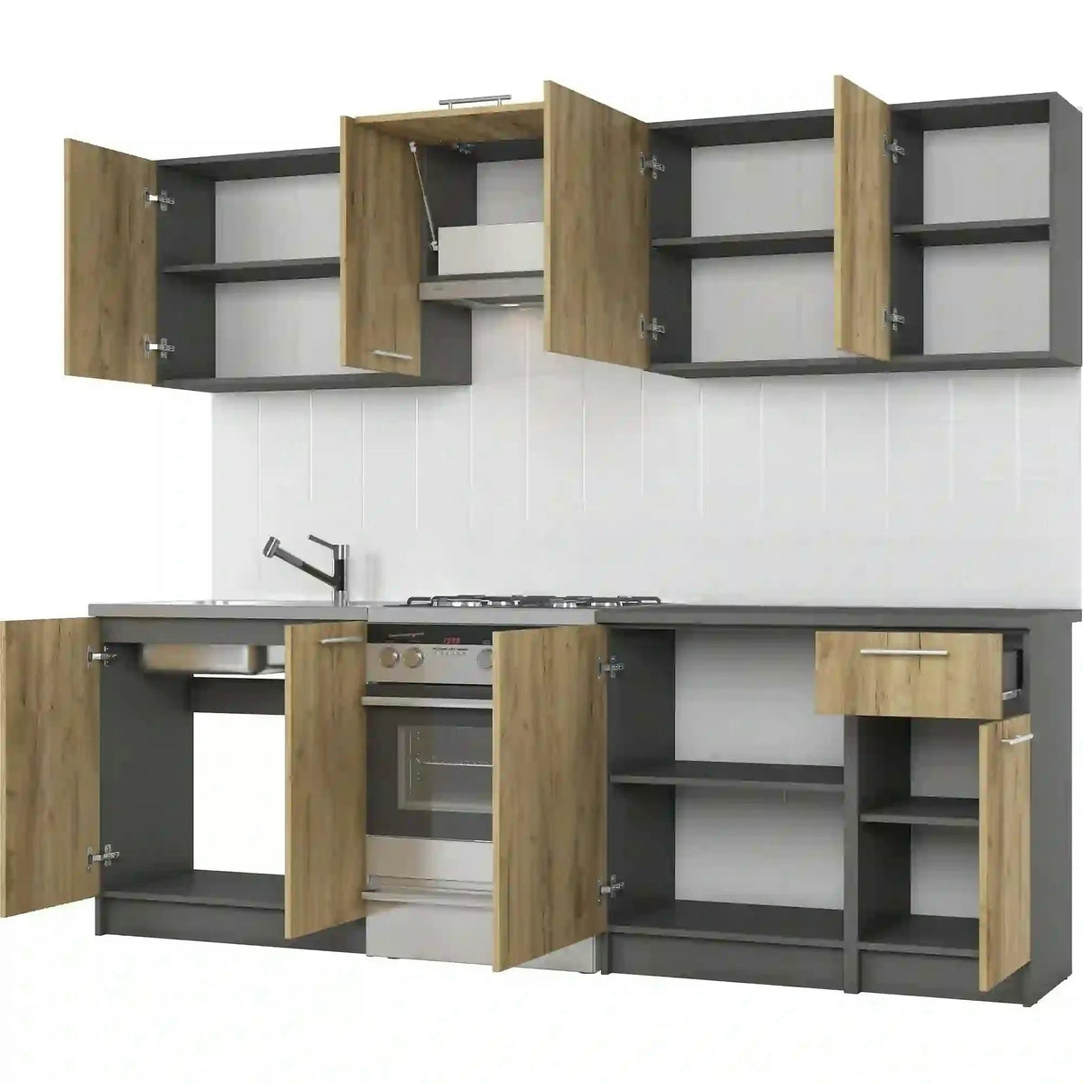 Set bucatarie DARIA, stejar craft/gri cu efect de marmura, PAL laminat/sticla, 240 cm