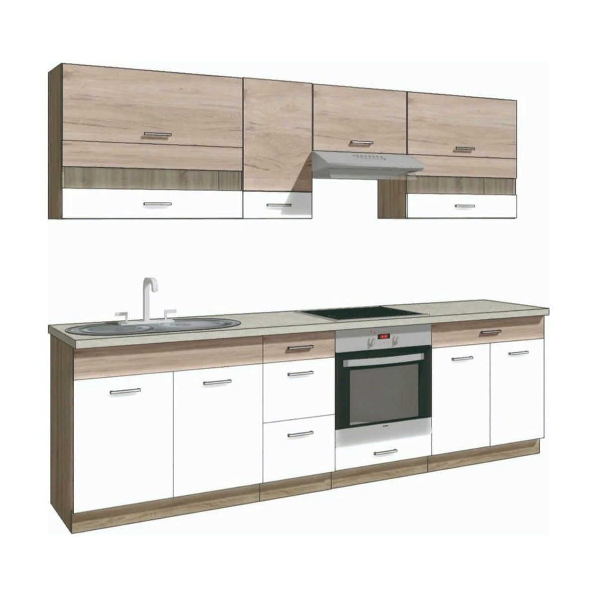 Set bucatarie ECONO A PLUS, carcasa stejar sonoma/fronturi stejar san remo si alb lucios, PAL, 270 cm, cu blatul trawertyn si plinta inclusa