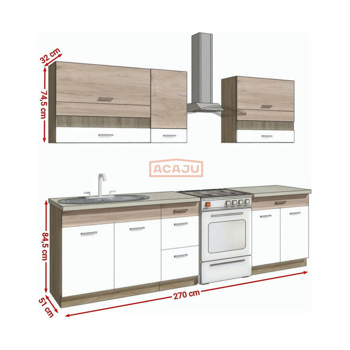 Set bucatarie ECONO B, carcasa stejar sonoma/fronturi stejar san remo si alb lucios, PAL, 270 cm, cu blatul trawertyn si plinta inclusa