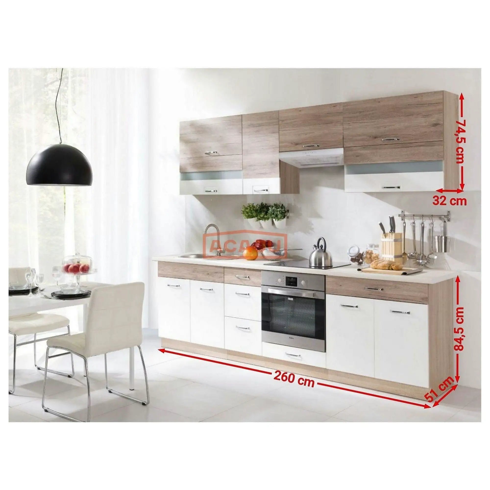 Set bucatarie ECONO C PLUS, carcasa stejar sonoma/fronturi stejar san remo si alb lucios, PAL, 260 cm, cu blatul trawertyn si plinta inclusa