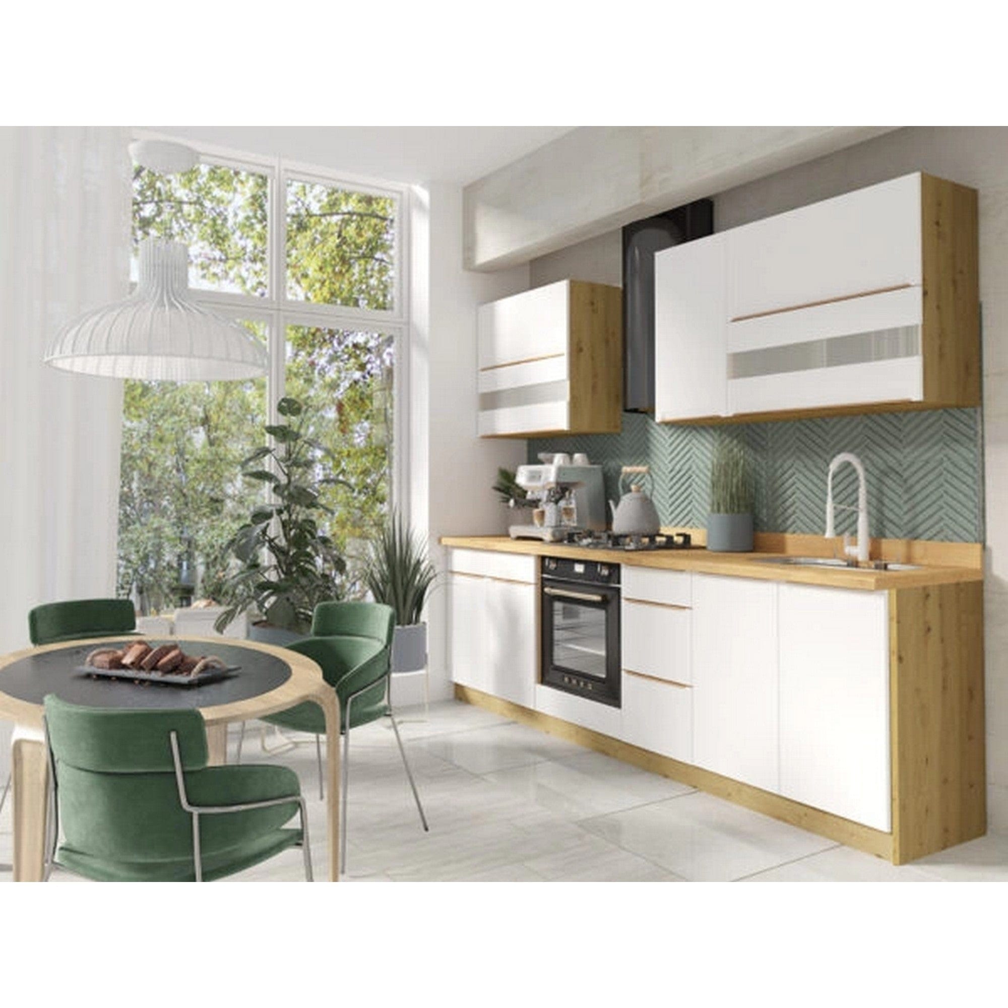 Set bucatarie GLAMOUR A, carcasa stejar artisan/fronturi alb lucios, PAL, 270 cm, cu blatul artisan, plinta superioara si inferioara incluse