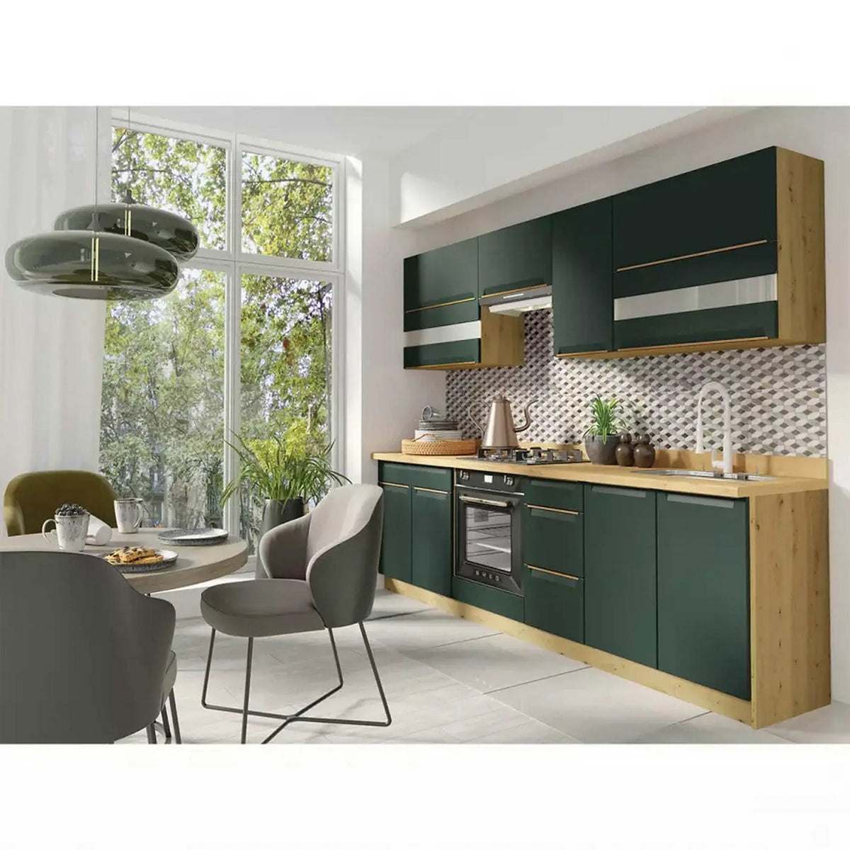 Set bucatarie GLAMOUR C PLUS, carcasa stejar artisan/fronturi verde mat, PAL, 260 cm, cu blatul artisan, plinta superioara si inferioara incluse