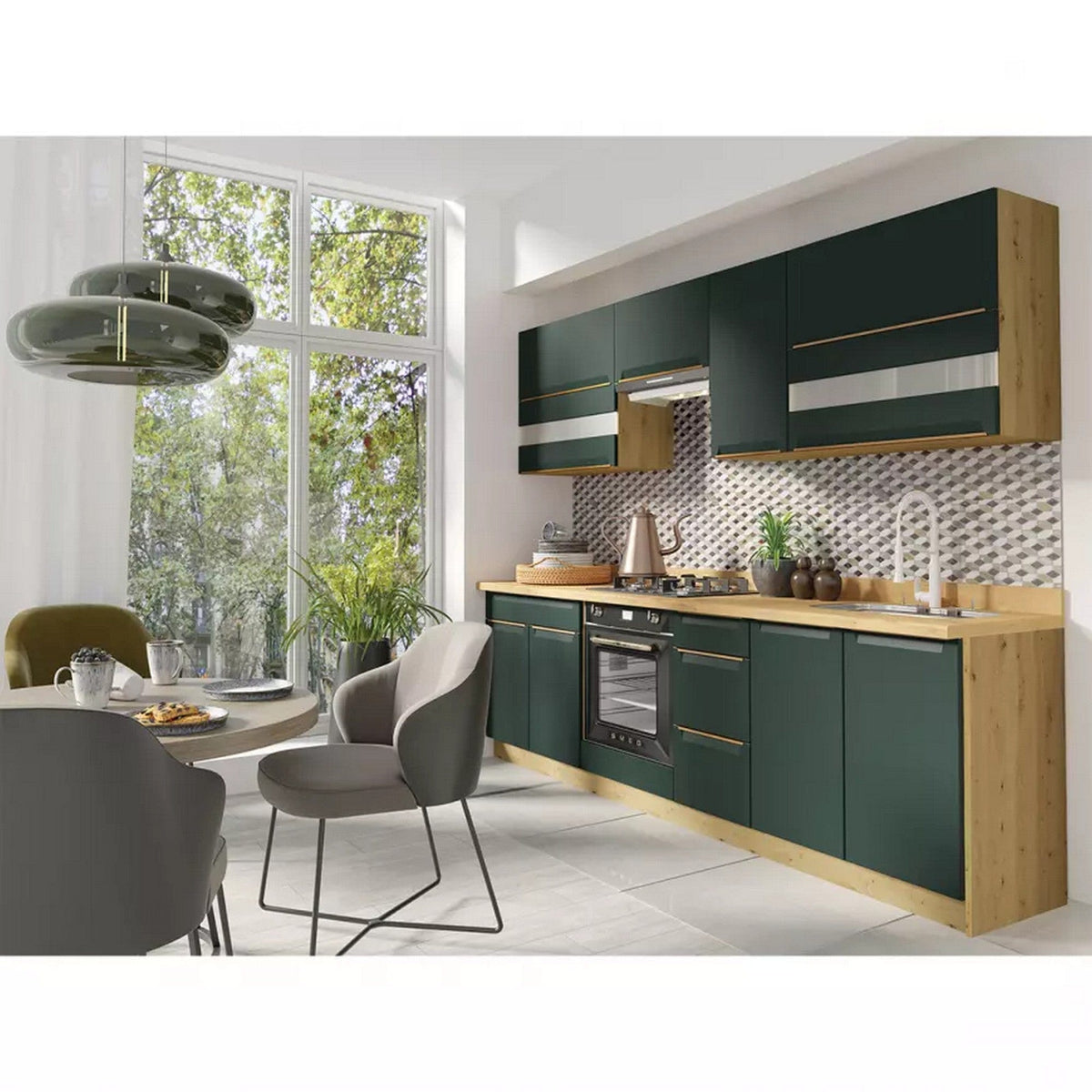 Set bucatarie GLAMOUR C PLUS, carcasa stejar artisan/fronturi verde mat, PAL, 260 cm, cu blatul artisan, plinta superioara si inferioara incluse