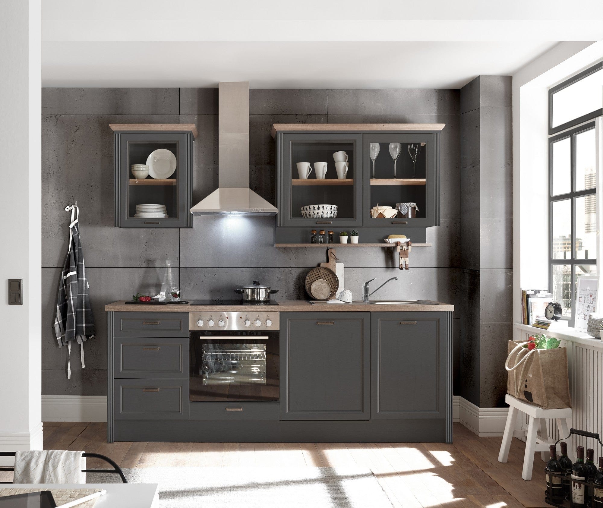 Set bucatarie JASMIN, gri grafit/stejar artisan, PAL, 230 cm