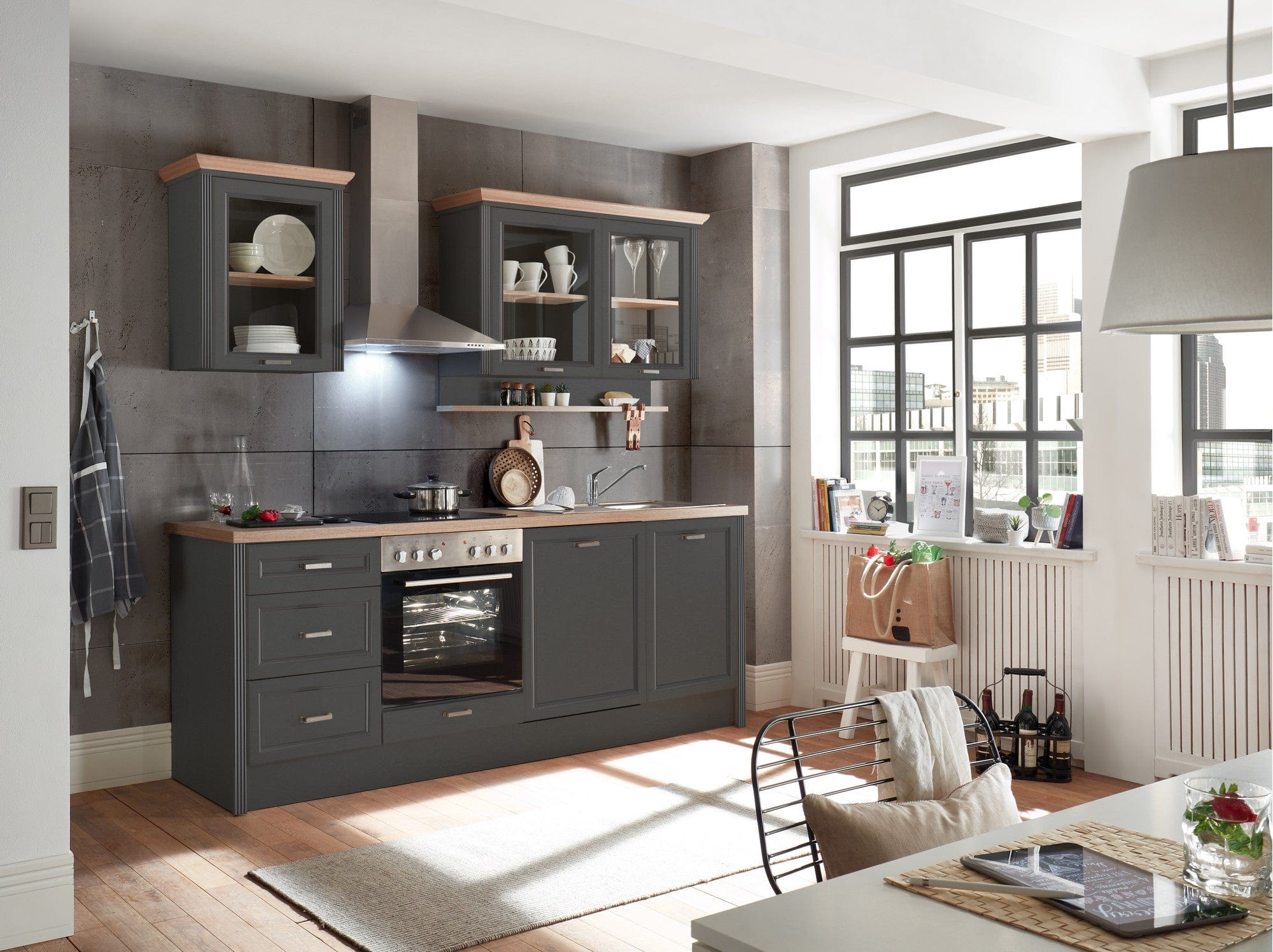 Set bucatarie JASMIN, gri grafit/stejar artisan, PAL, 230 cm