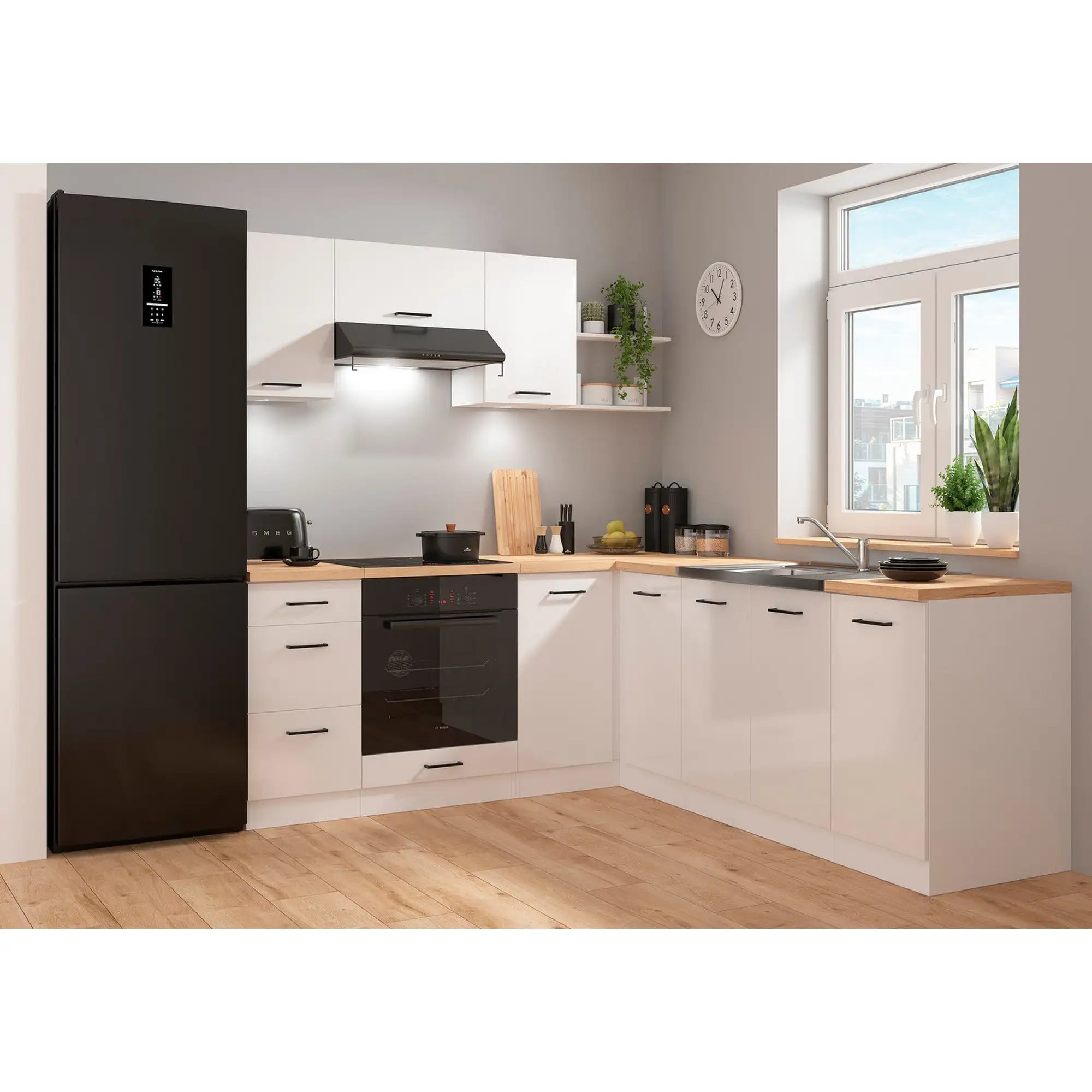 Set bucatarie JUNONA LINE, alb lucios, PAL, 200x220 cm, cu blat stejar artisan