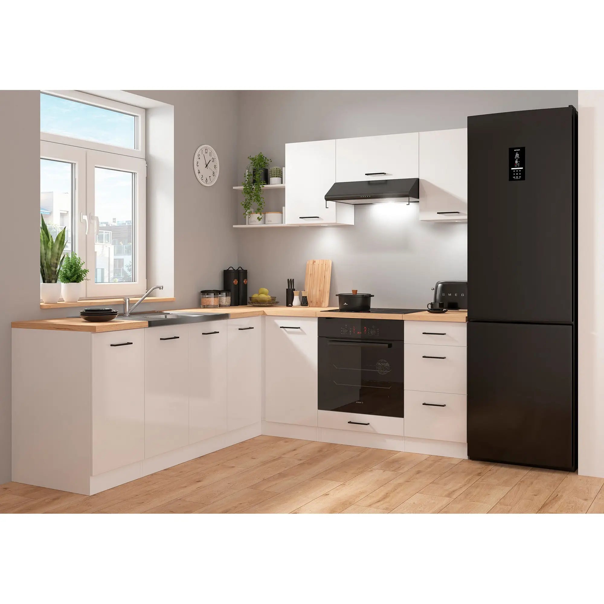 Set bucatarie JUNONA LINE, alb lucios, PAL, 200x220 cm, cu blat stejar artisan