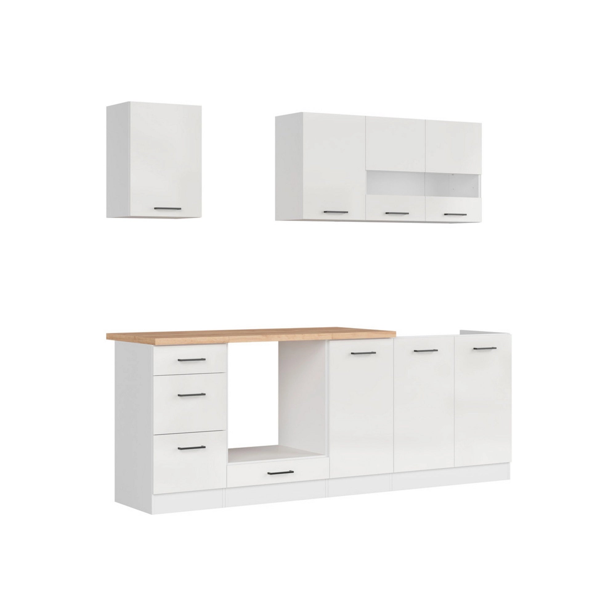 Set bucatarie JUNONA LINE, alb lucios, PAL, 220 cm, cu blat stejar artisan