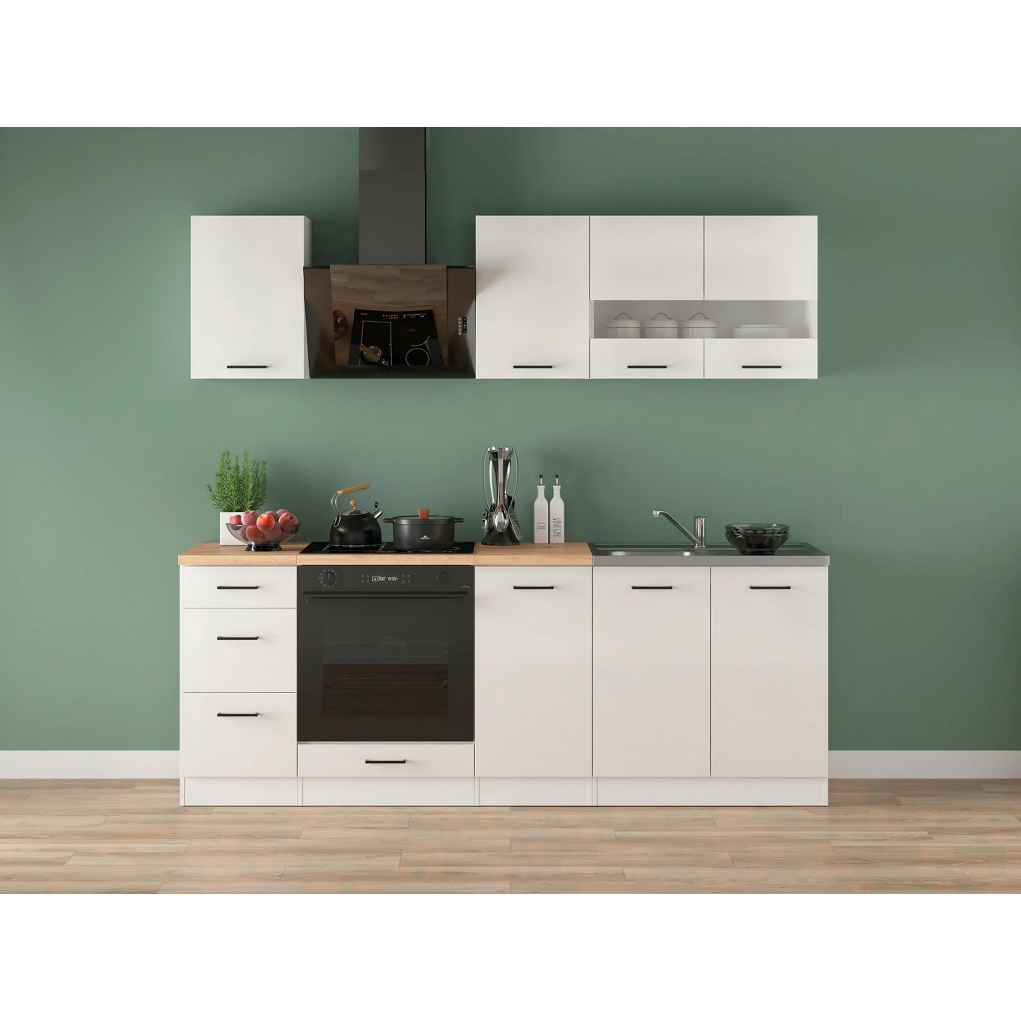 Set bucatarie JUNONA LINE, alb lucios, PAL, 220 cm, cu blat stejar artisan