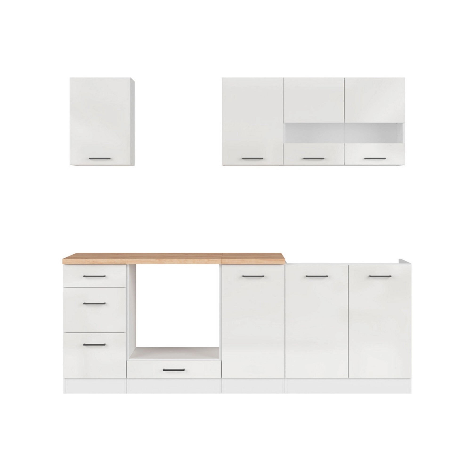 Set bucatarie JUNONA LINE, alb lucios, PAL, 220 cm, cu blat stejar artisan