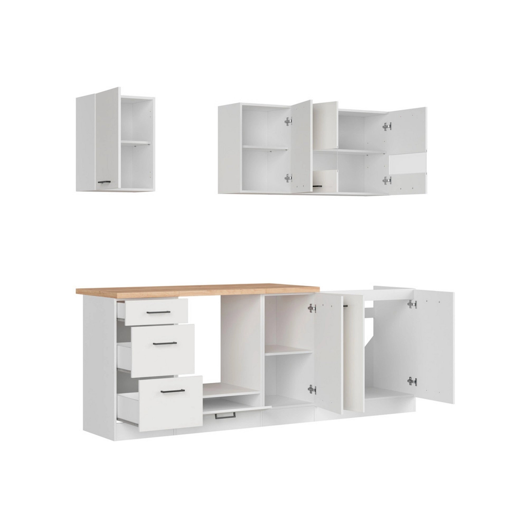 Set bucatarie JUNONA LINE, alb lucios, PAL, 220 cm, cu blat stejar artisan