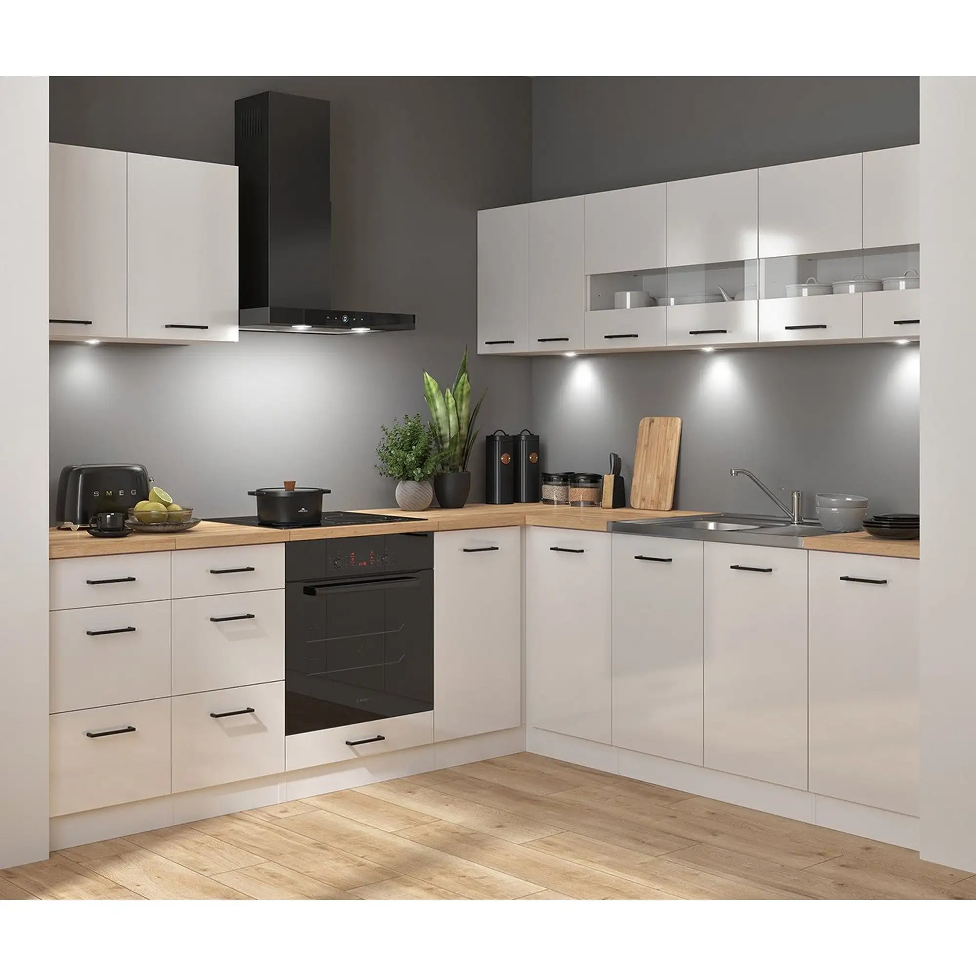 Set bucatarie JUNONA LINE, alb lucios, PAL, 220x240 cm, cu blat stejar artisan