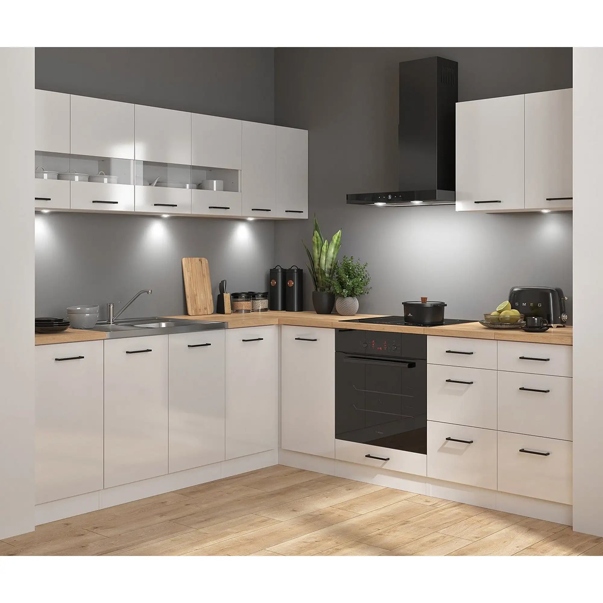 Set bucatarie JUNONA LINE, alb lucios, PAL, 220x240 cm, cu blat stejar artisan