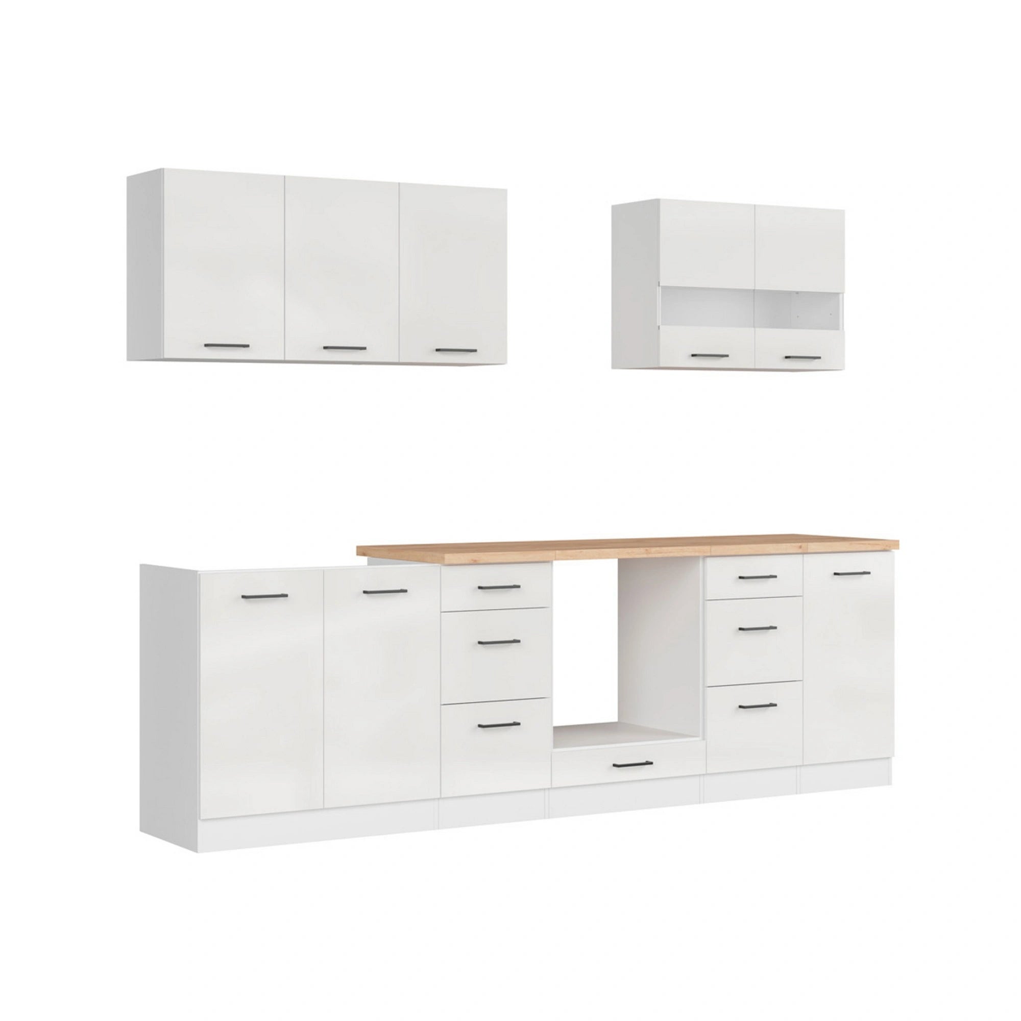 Set bucatarie JUNONA LINE, alb lucios, PAL, 260 cm, cu blat stejar artisan