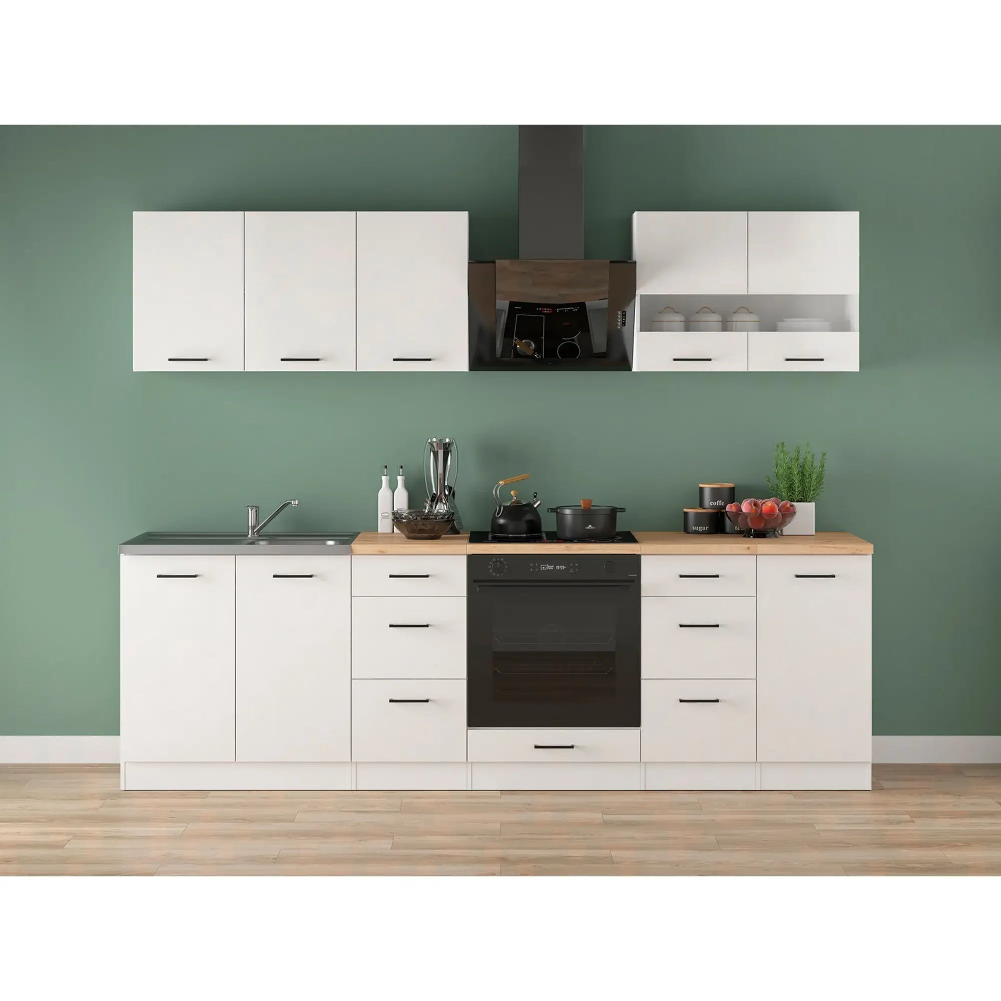 Set bucatarie JUNONA LINE, alb lucios, PAL, 260 cm, cu blat stejar artisan