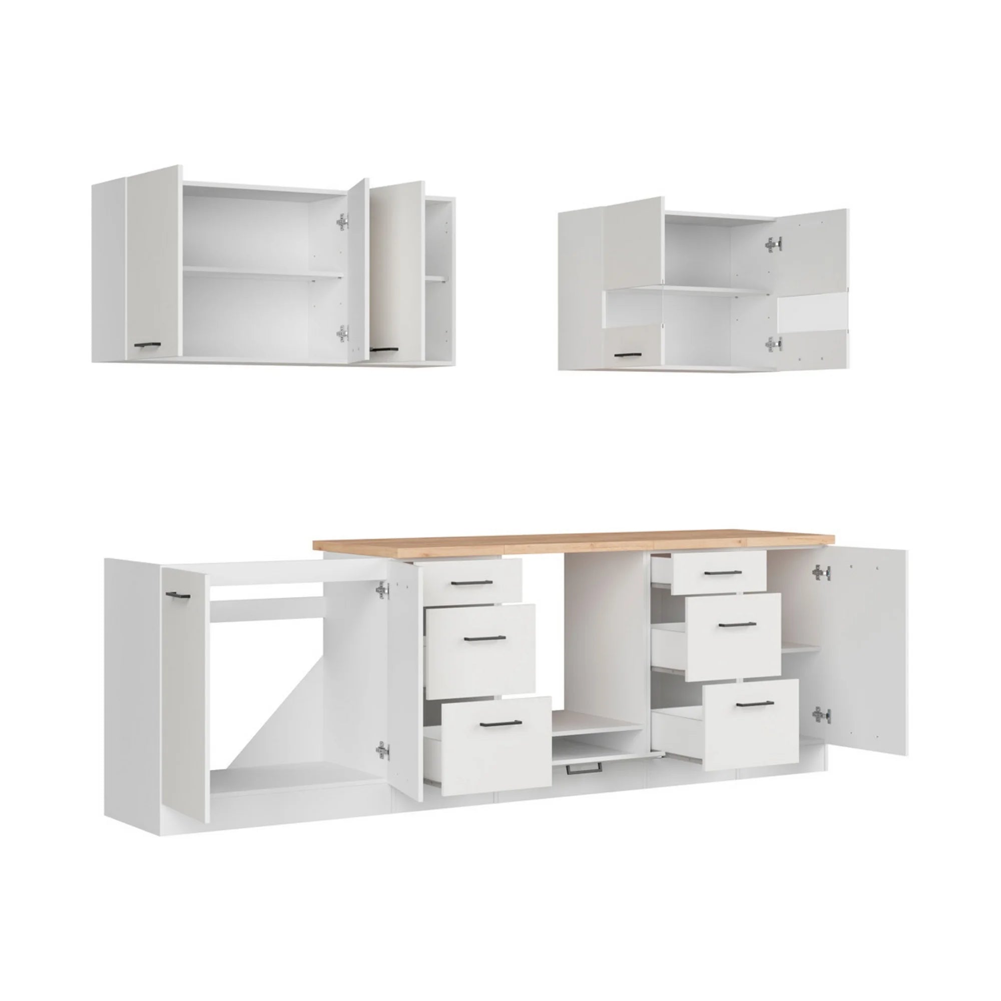 Set bucatarie JUNONA LINE, alb lucios, PAL, 260 cm, cu blat stejar artisan