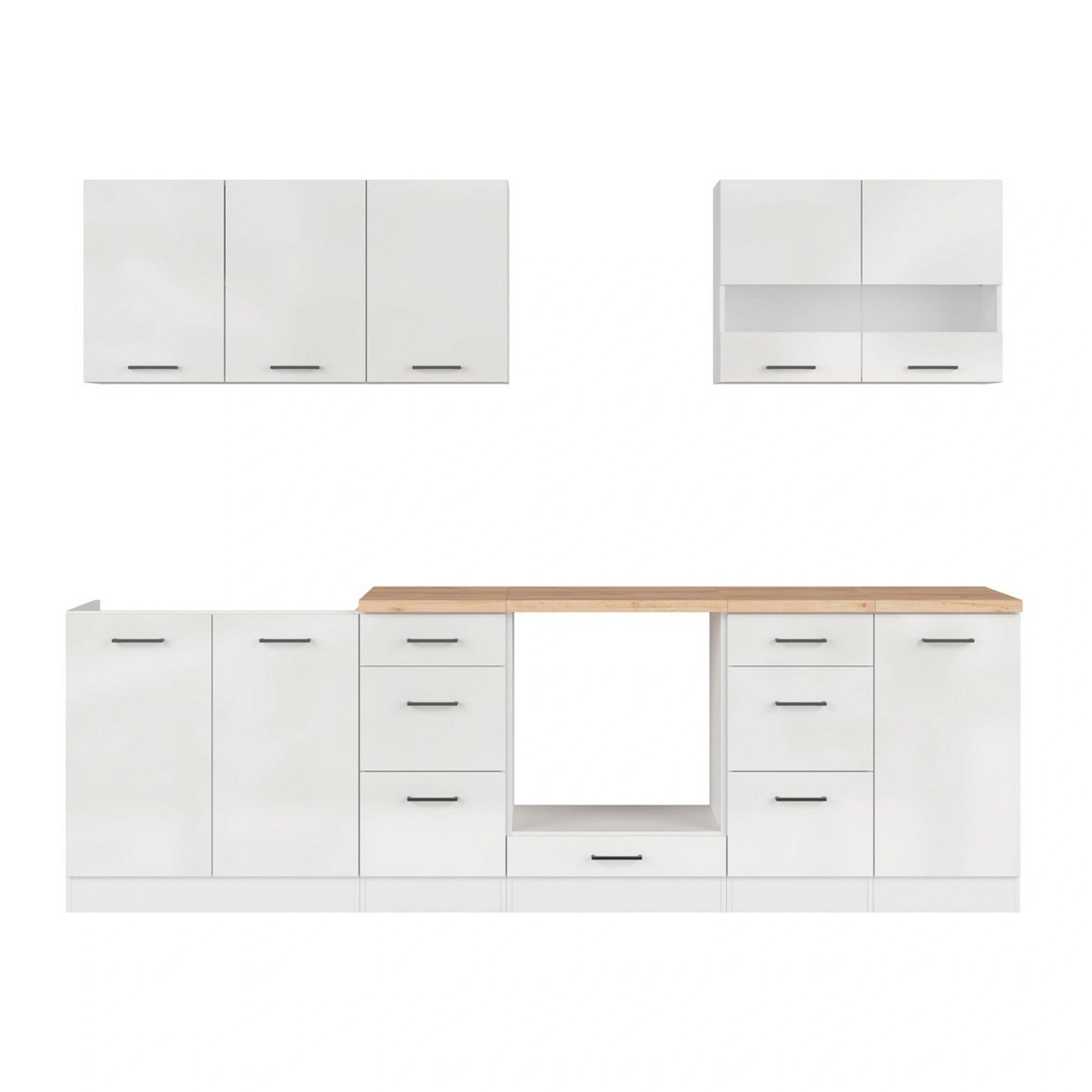 Set bucatarie JUNONA LINE, alb lucios, PAL, 260 cm, cu blat stejar artisan