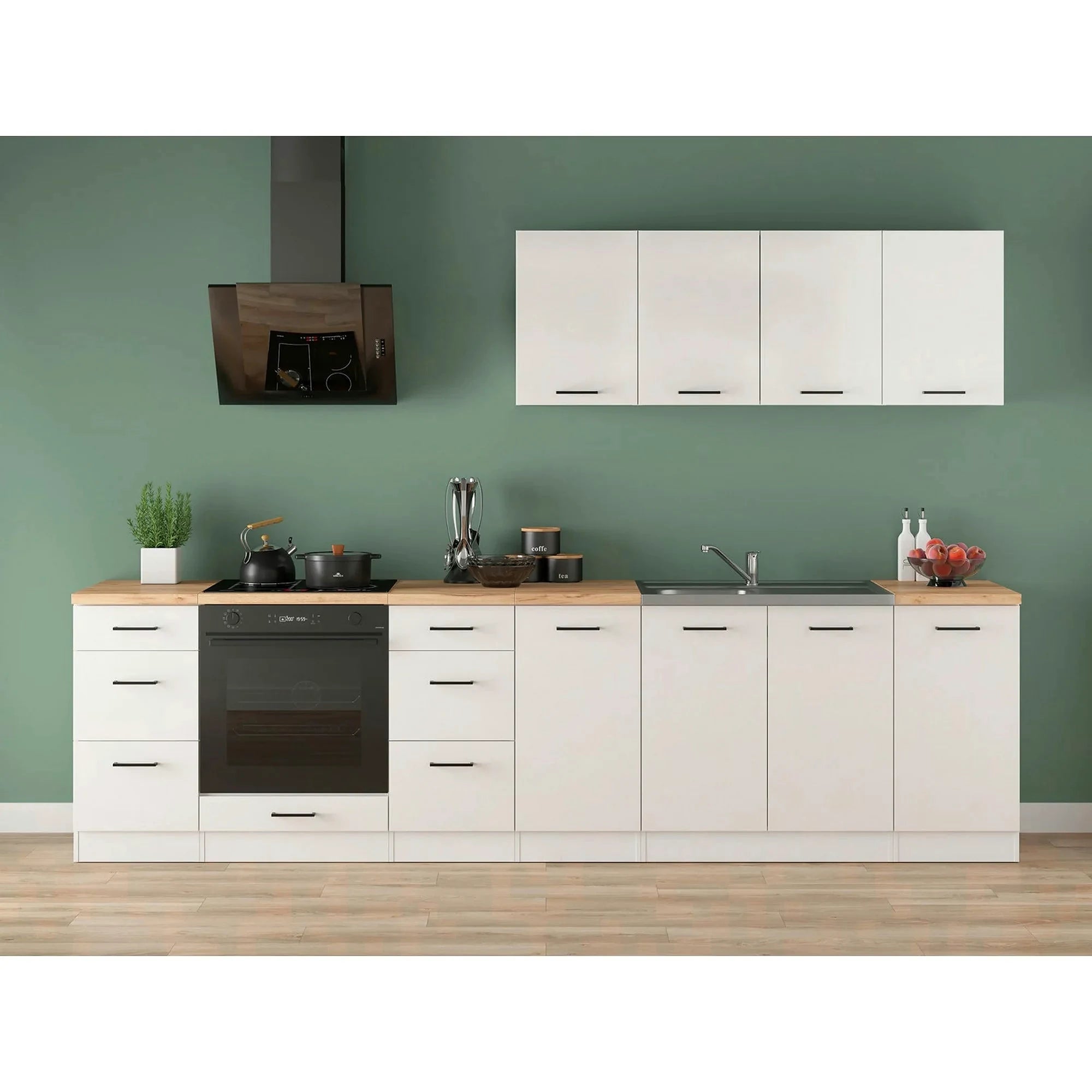 Set bucatarie JUNONA LINE, alb lucios, PAL, 300 cm, cu blat stejar artisan