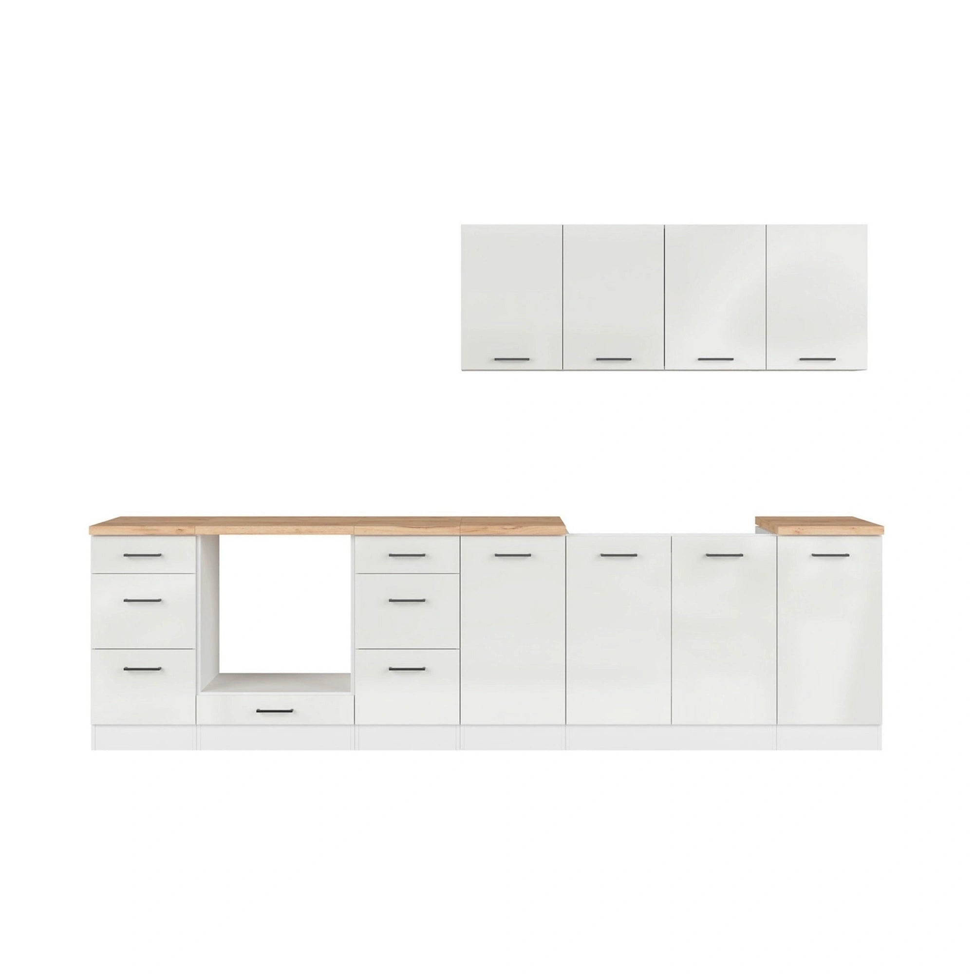 Set bucatarie JUNONA LINE, alb lucios, PAL, 300 cm, cu blat stejar artisan