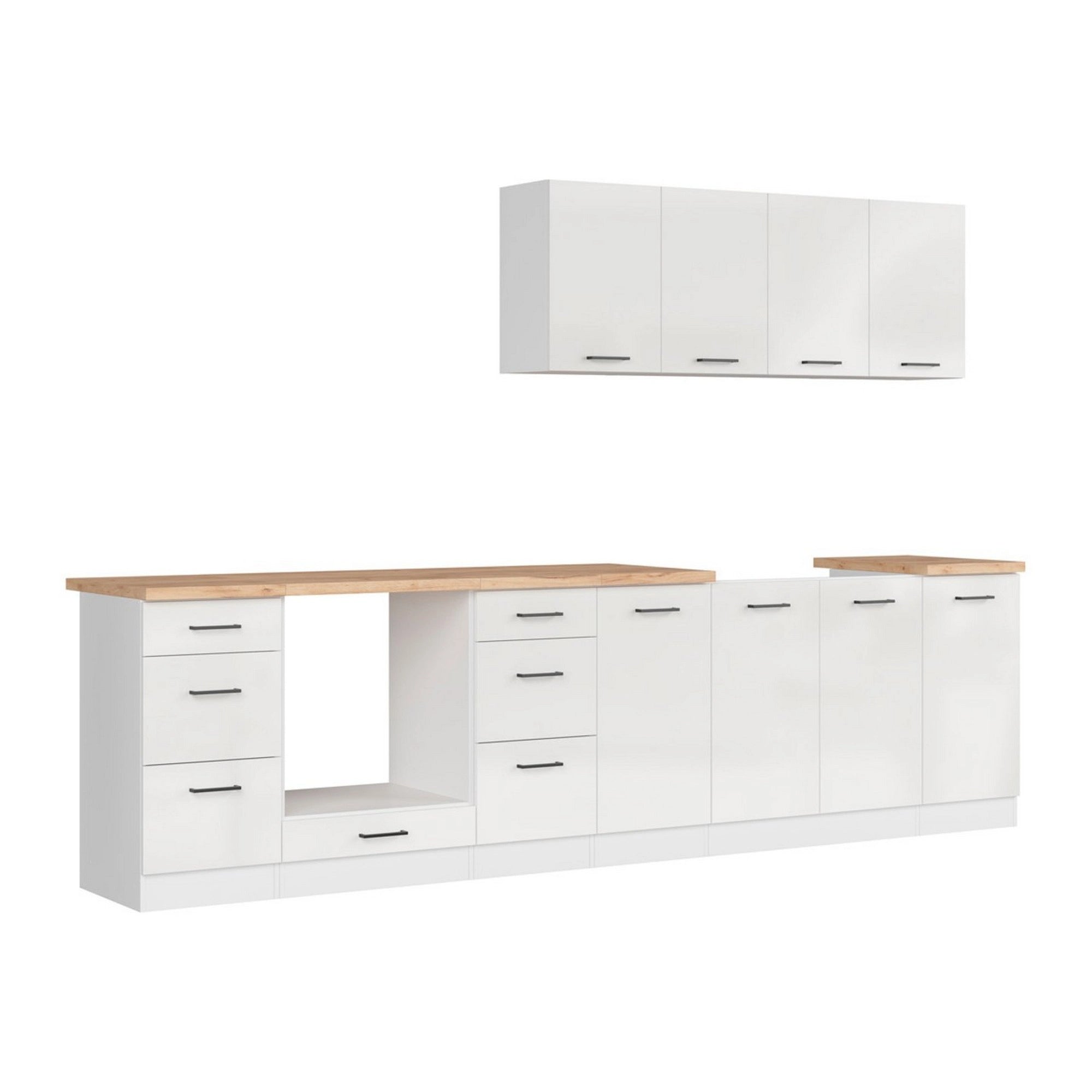 Set bucatarie JUNONA LINE, alb lucios, PAL, 300 cm, cu blat stejar artisan