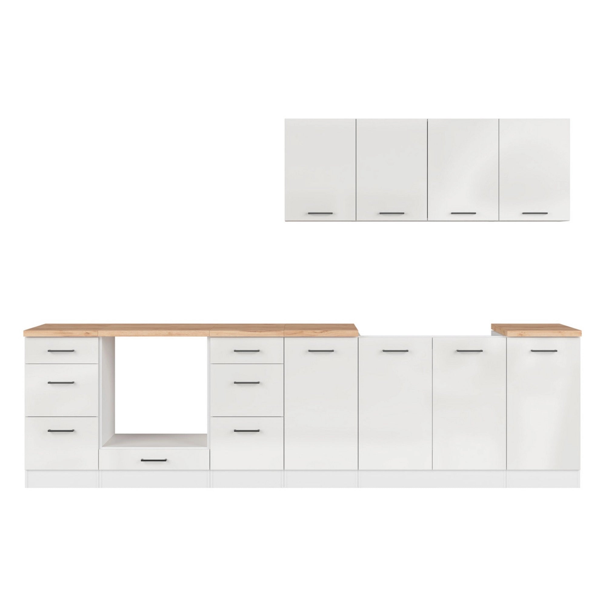 Set bucatarie JUNONA LINE, alb lucios, PAL, 300 cm, cu blat stejar artisan