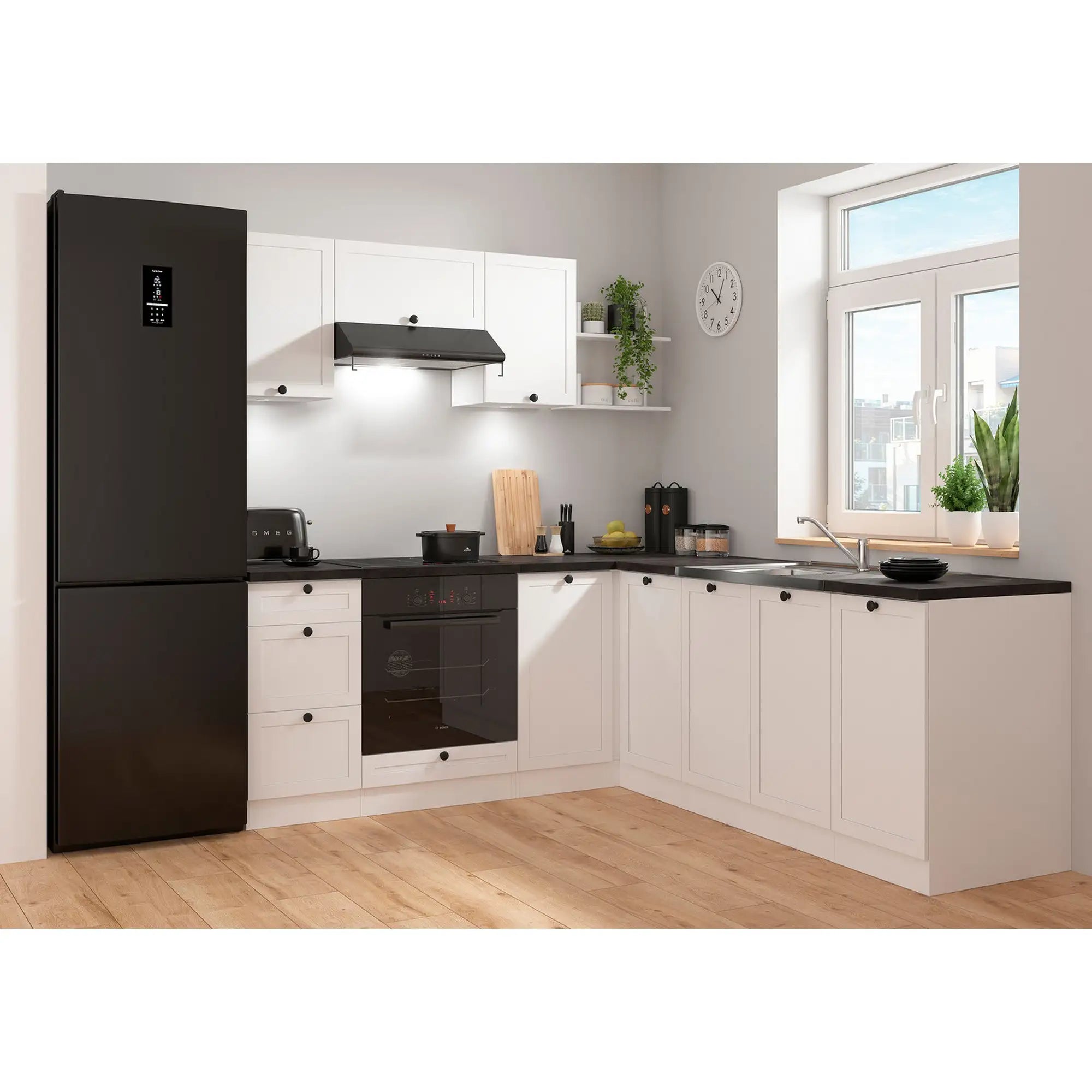 Set bucatarie JUNONA LINE, alb, PAL, 200x220 cm, cu blat negru