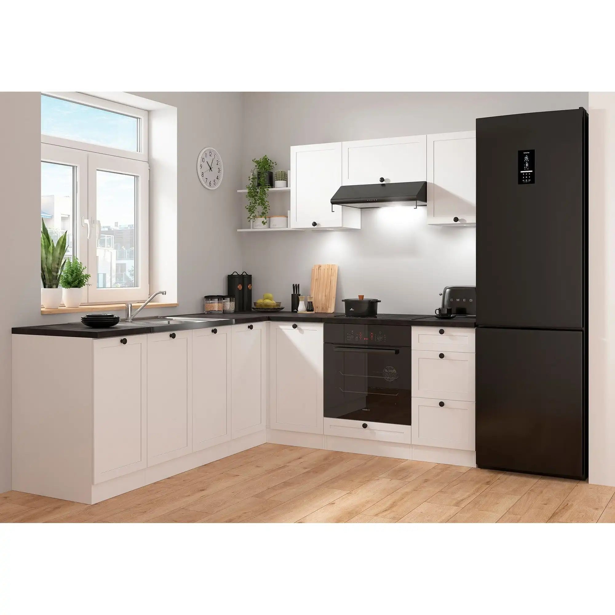 Set bucatarie JUNONA LINE, alb, PAL, 200x220 cm, cu blat negru