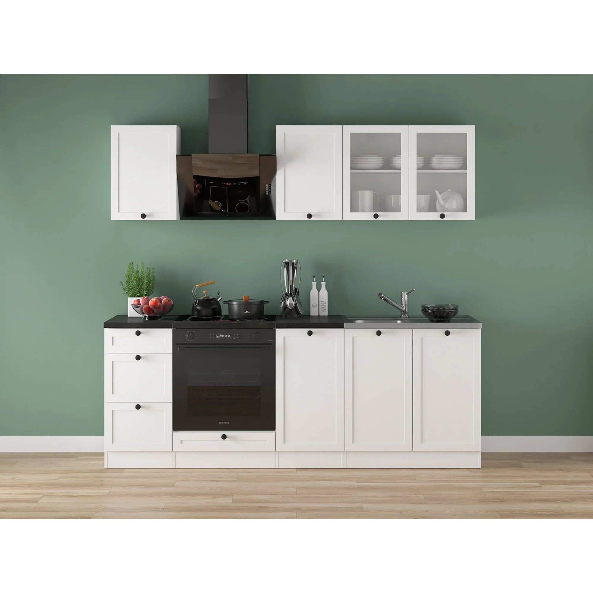 Set bucatarie JUNONA LINE, alb, PAL, 220 cm, cu blat negru