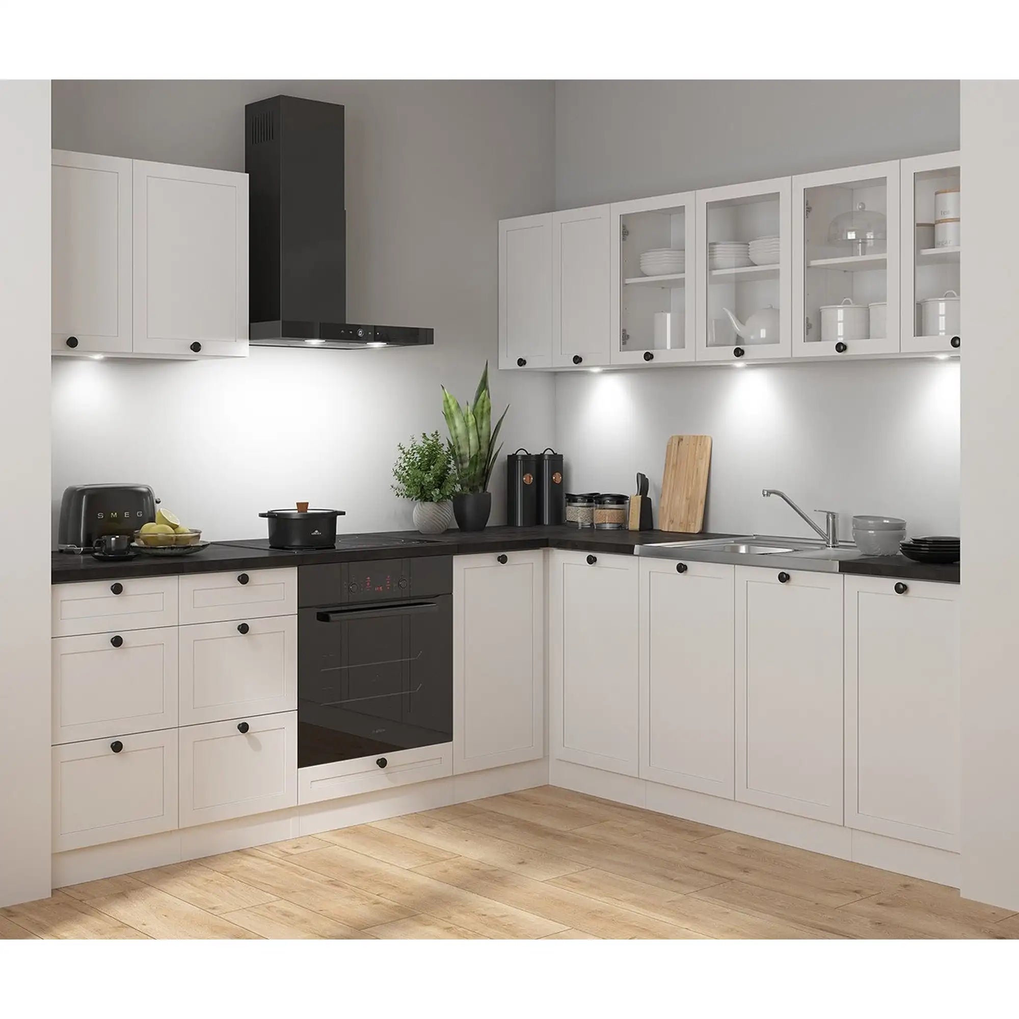 Set bucatarie JUNONA LINE, alb, PAL, 220x240 cm, cu blat negru