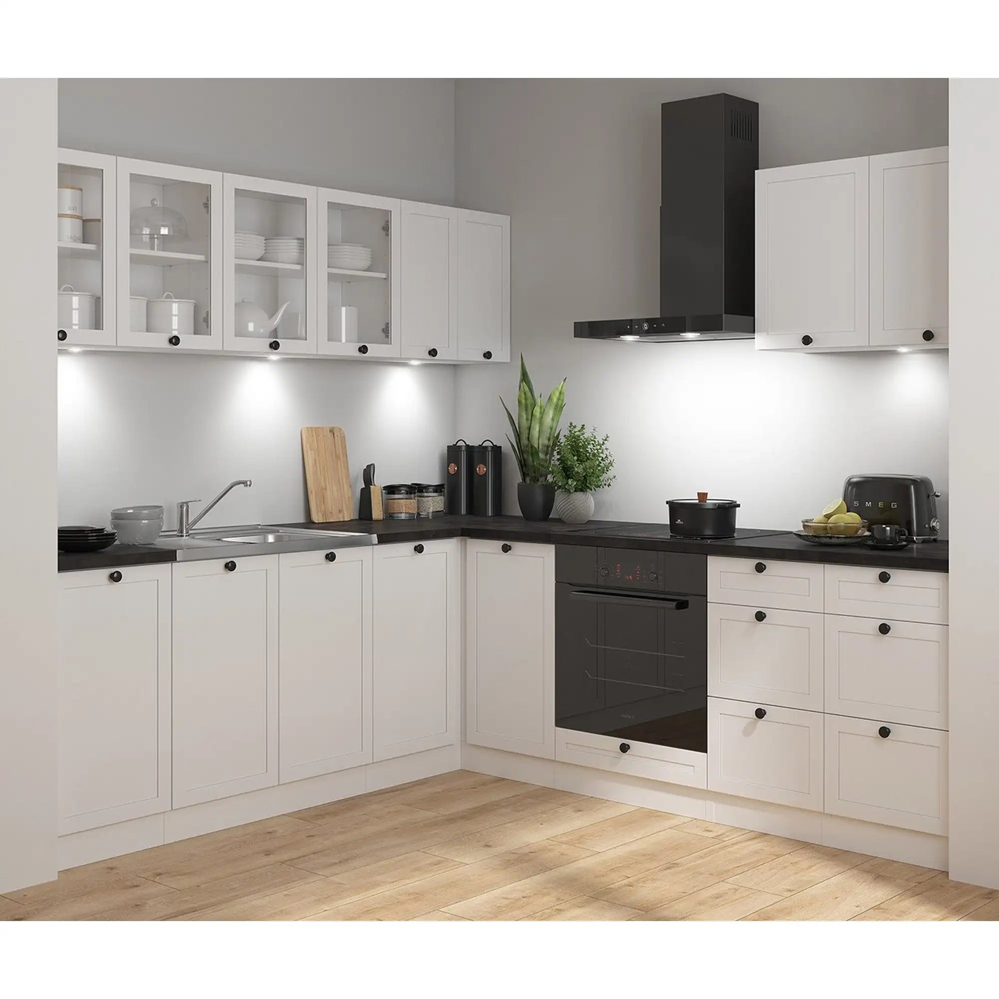 Set bucatarie JUNONA LINE, alb, PAL, 220x240 cm, cu blat negru