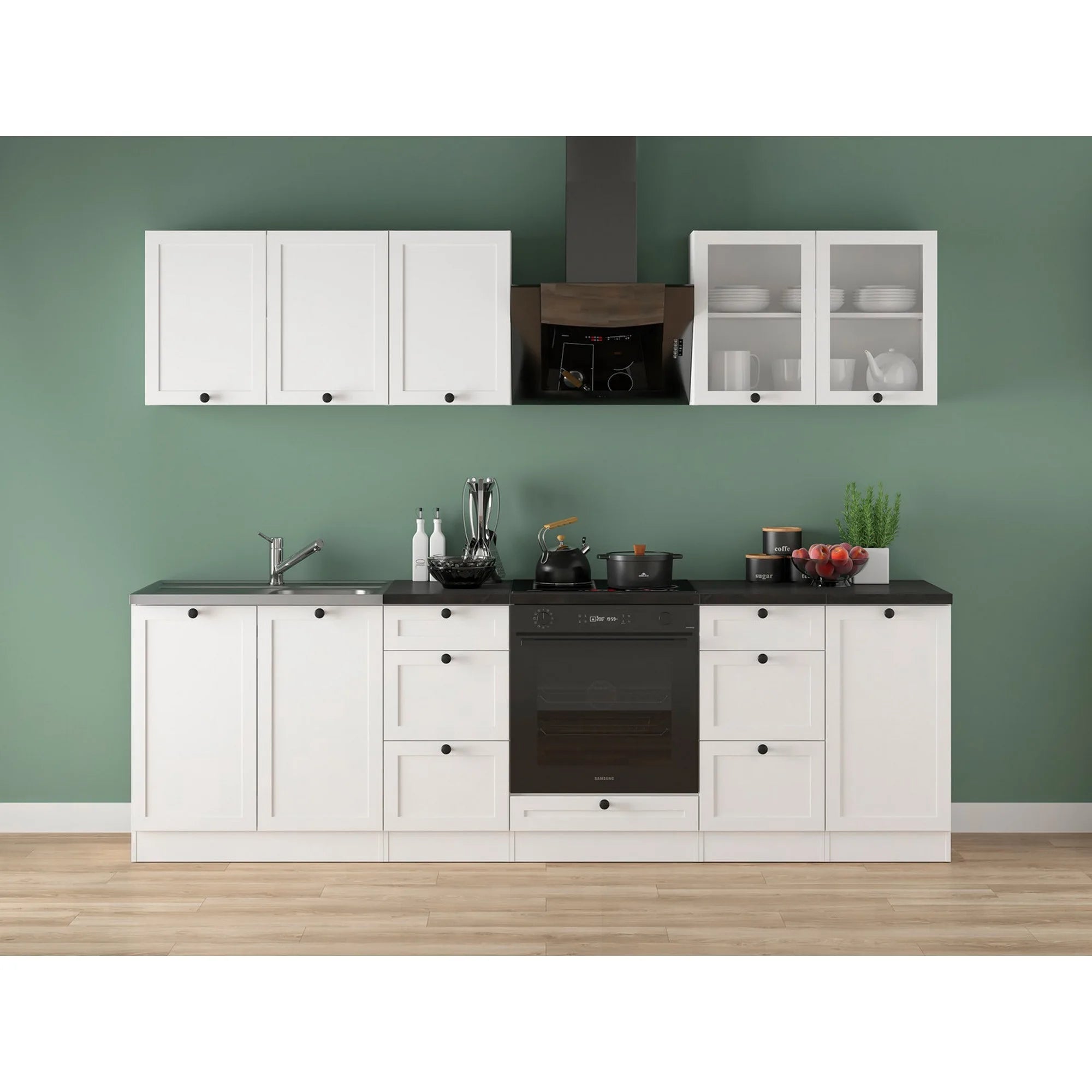 Set bucatarie JUNONA LINE, alb, PAL, 260 cm, cu blat negru