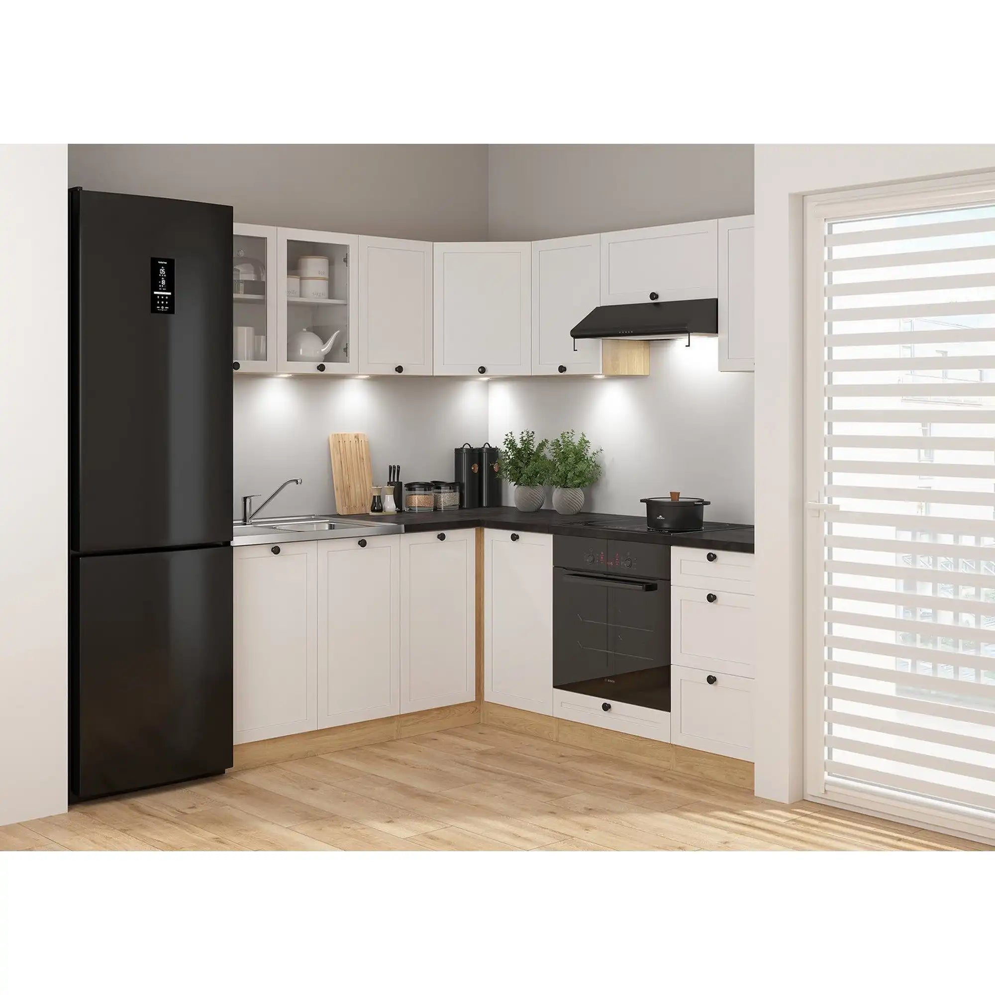 Set bucatarie JUNONA LINE, alb/stejar, PAL, 180x200 cm, cu blat negru