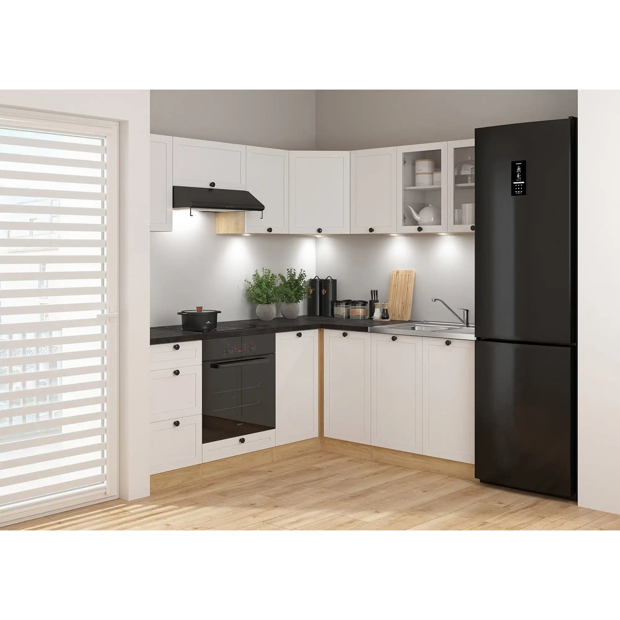 Set bucatarie JUNONA LINE, alb/stejar, PAL, 180x200 cm, cu blat negru