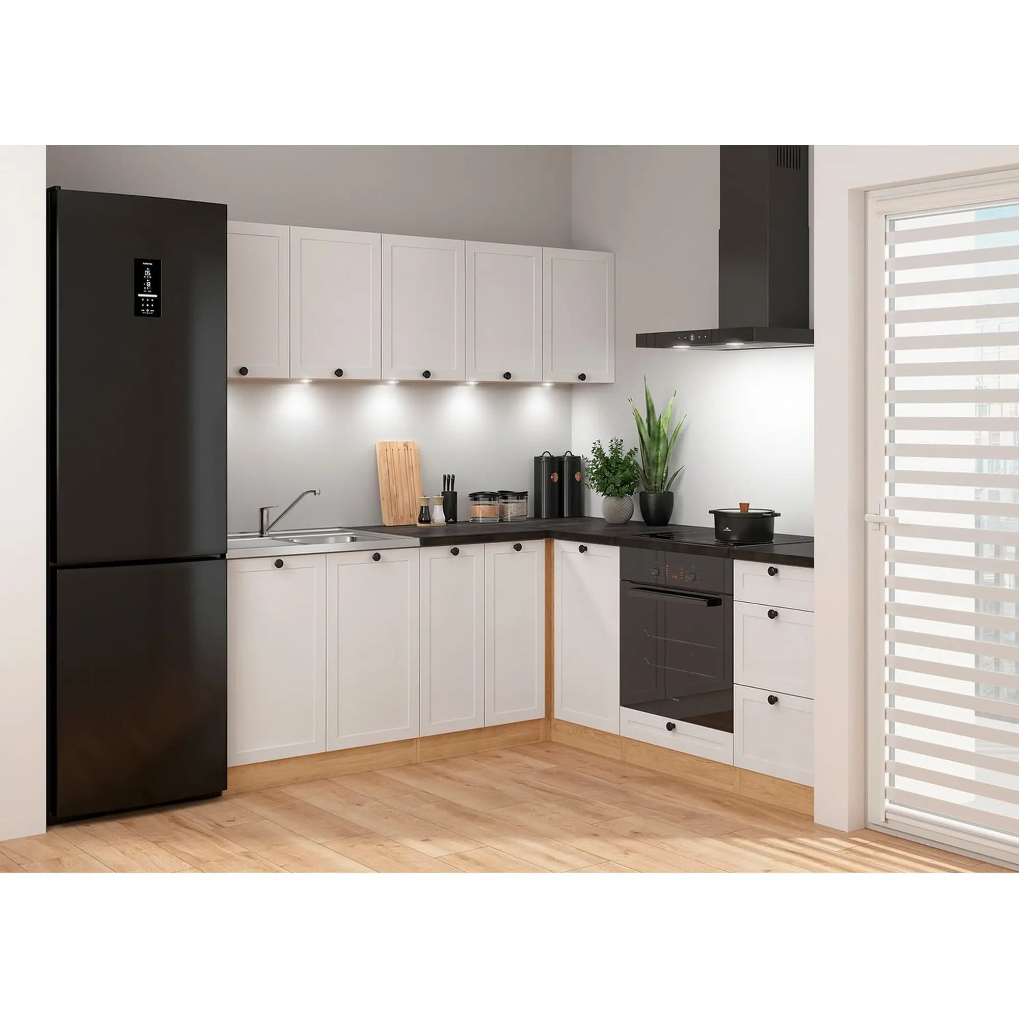 Set bucatarie JUNONA LINE, alb/stejar, PAL, 200x200 cm, cu blat negru