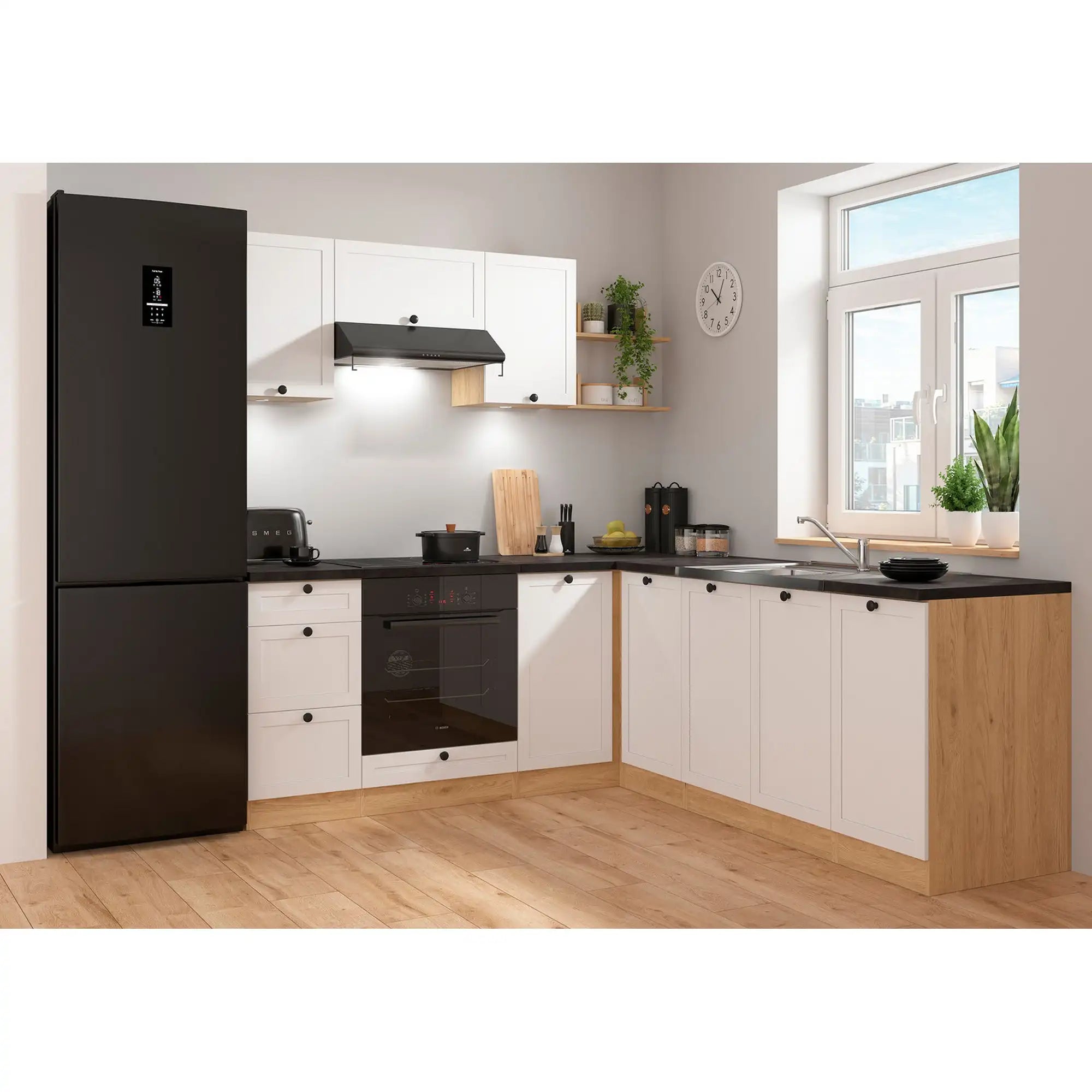 Set bucatarie JUNONA LINE, alb/stejar, PAL, 200x220 cm, cu blat negru