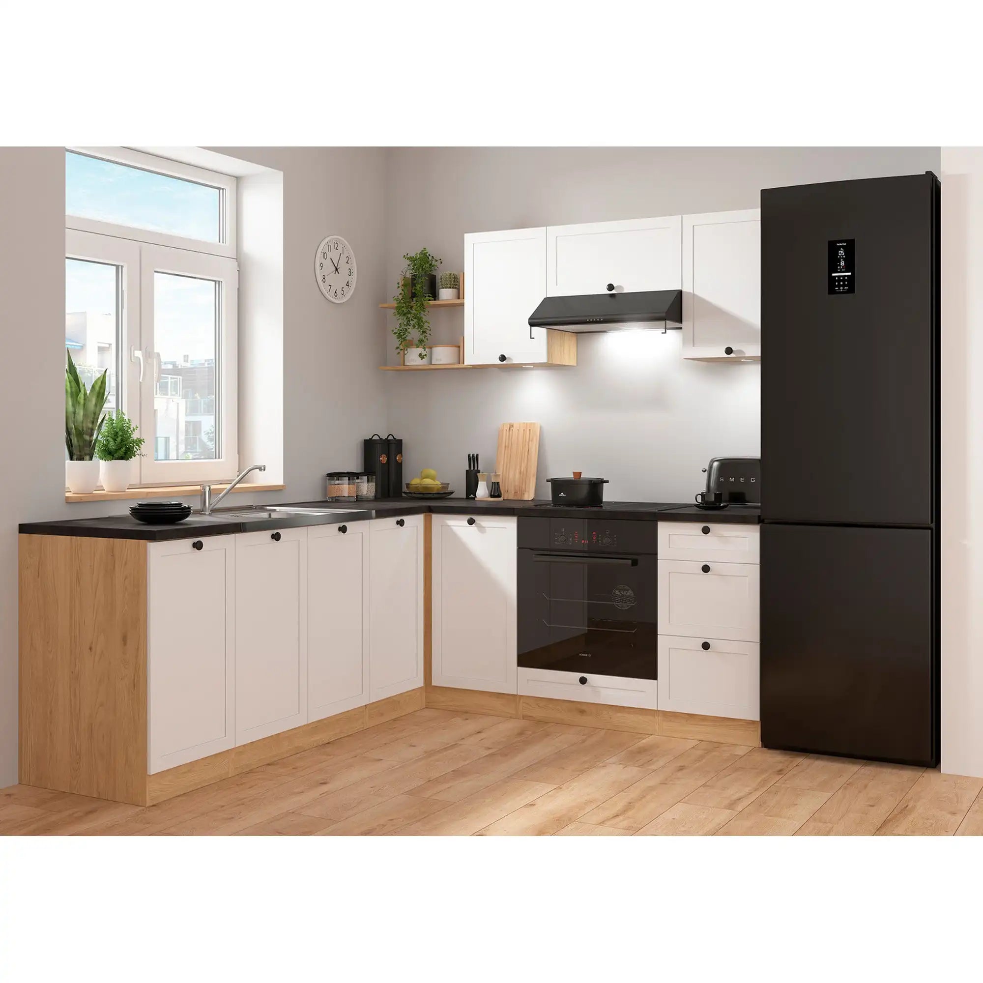 Set bucatarie JUNONA LINE, alb/stejar, PAL, 200x220 cm, cu blat negru