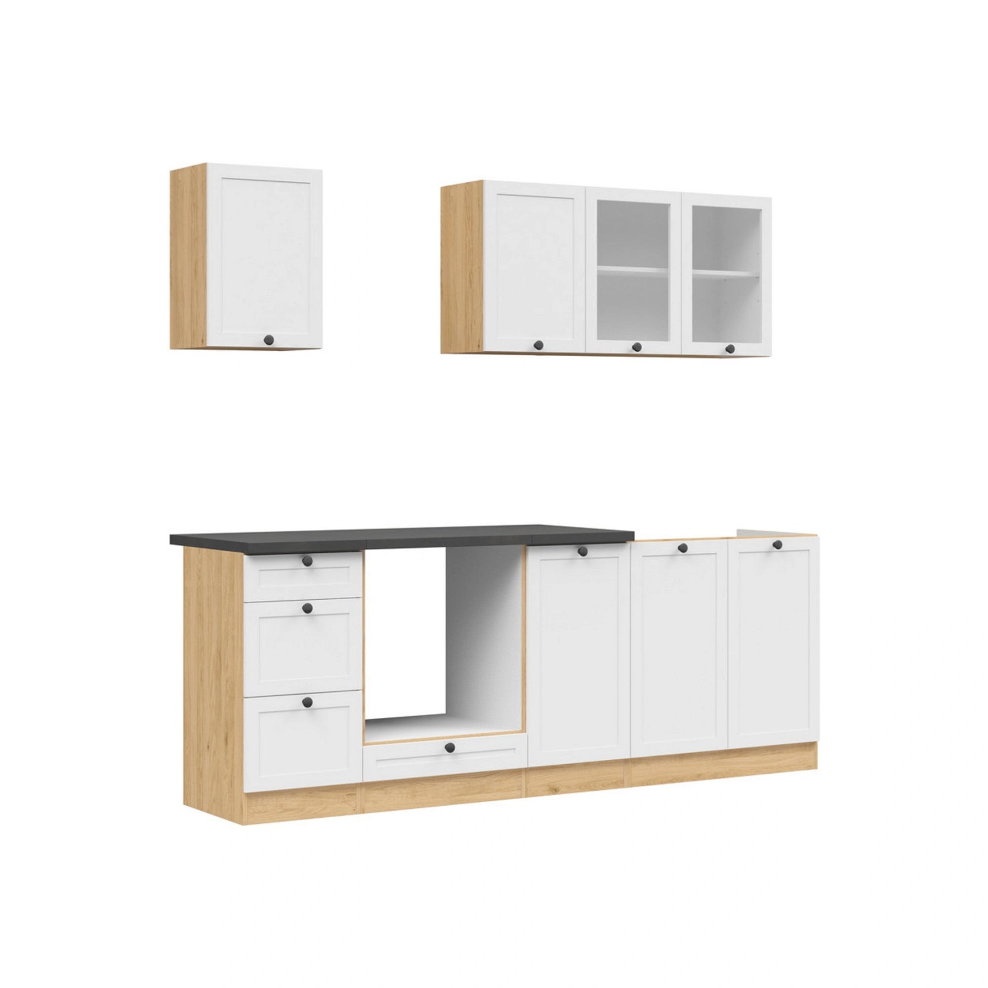 Set bucatarie JUNONA LINE, alb/stejar, PAL, 220 cm, cu blat negru