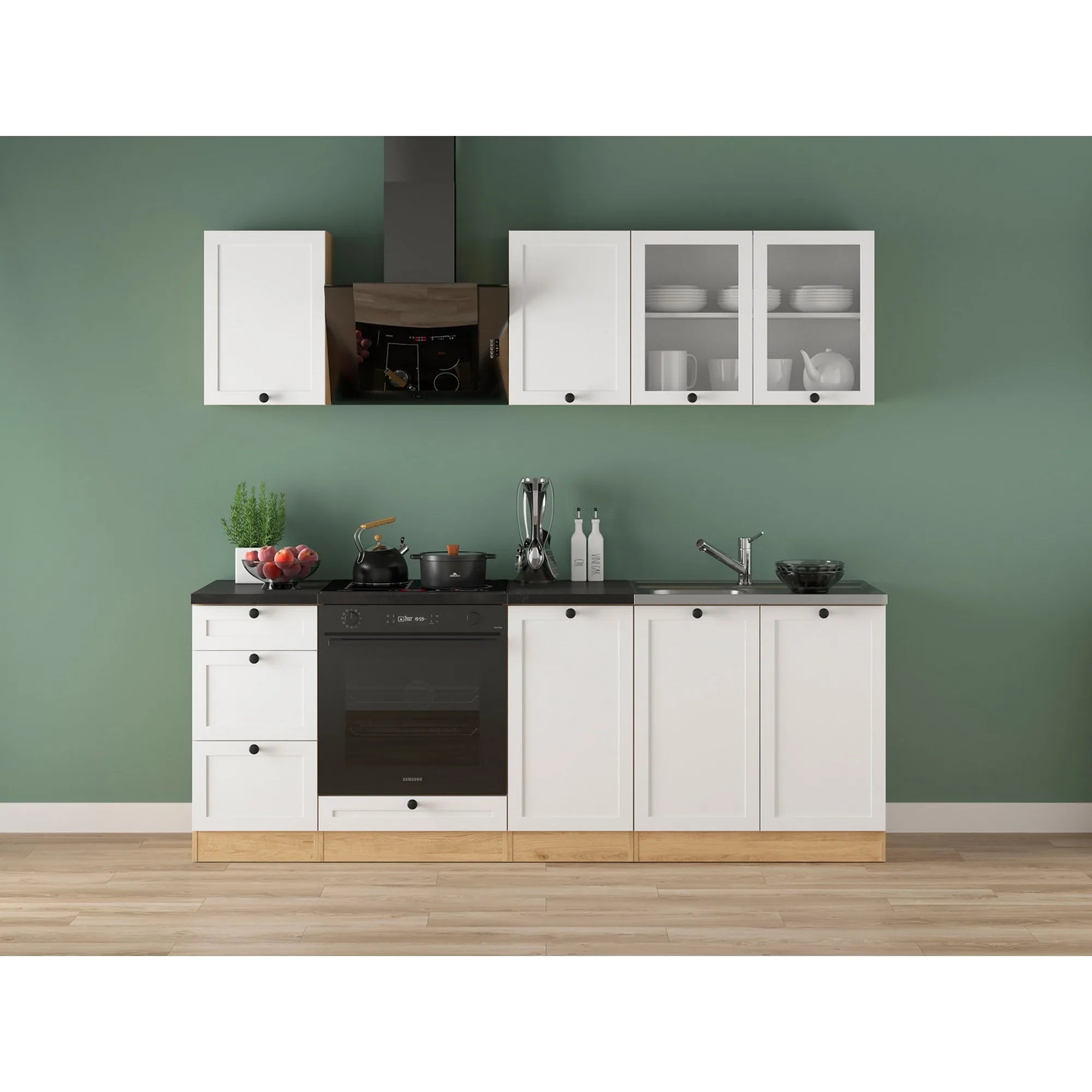 Set bucatarie JUNONA LINE, alb/stejar, PAL, 220 cm, cu blat negru