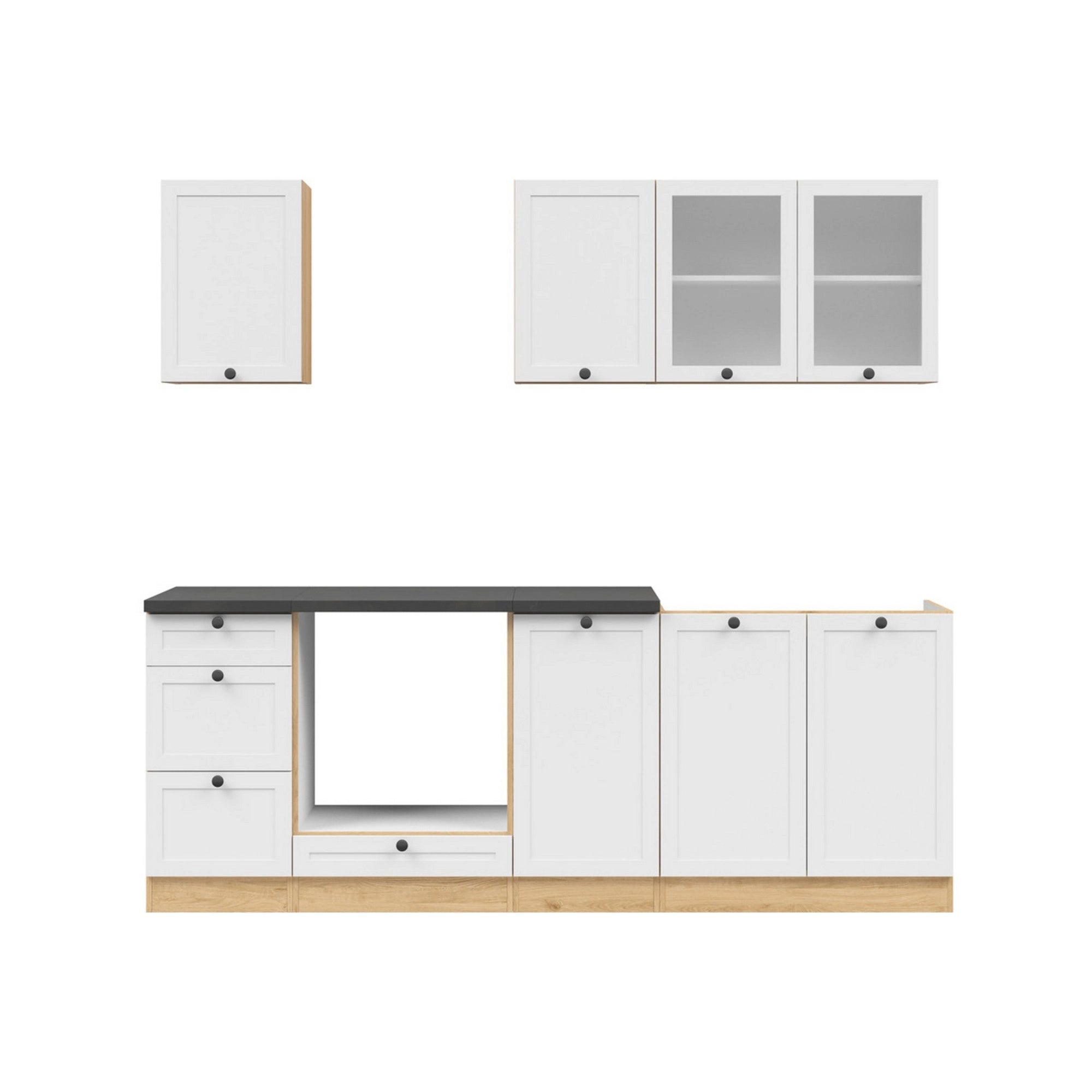 Set bucatarie JUNONA LINE, alb/stejar, PAL, 220 cm, cu blat negru