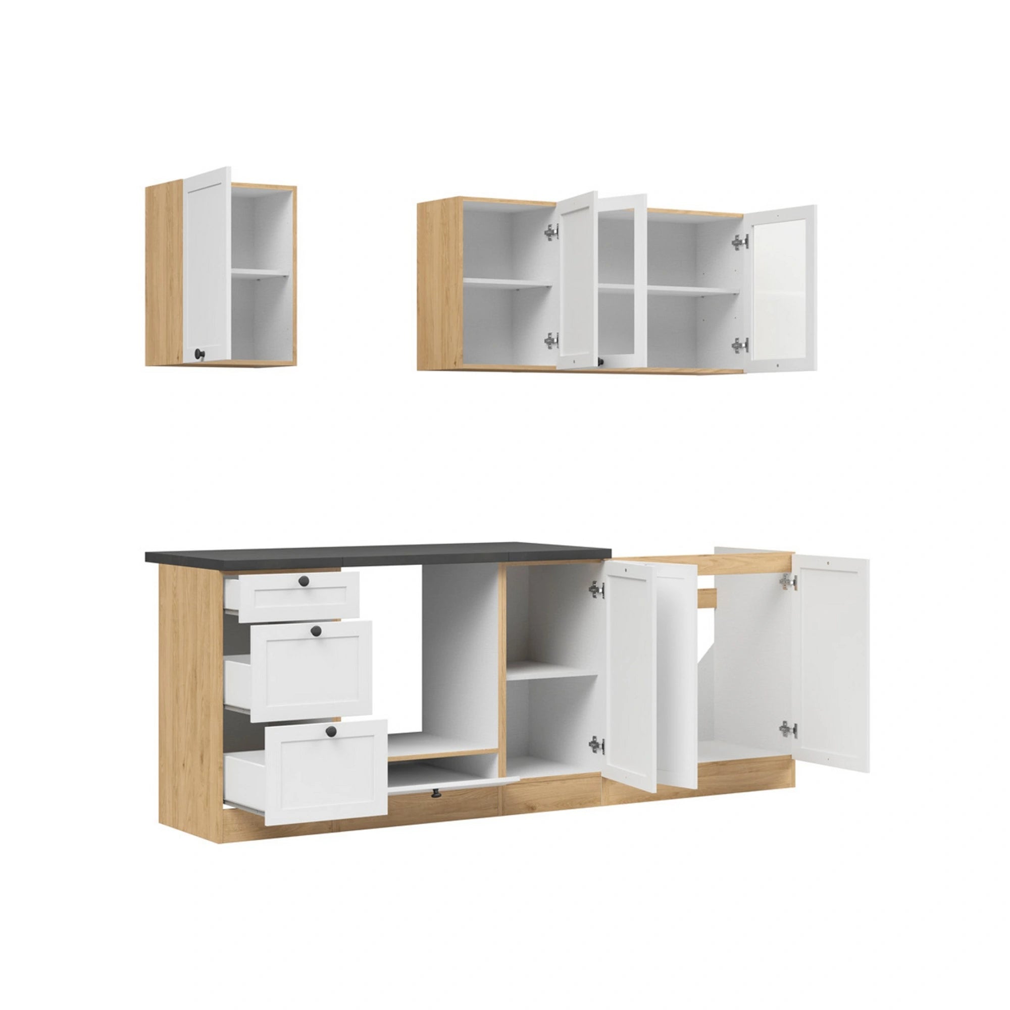 Set bucatarie JUNONA LINE, alb/stejar, PAL, 220 cm, cu blat negru