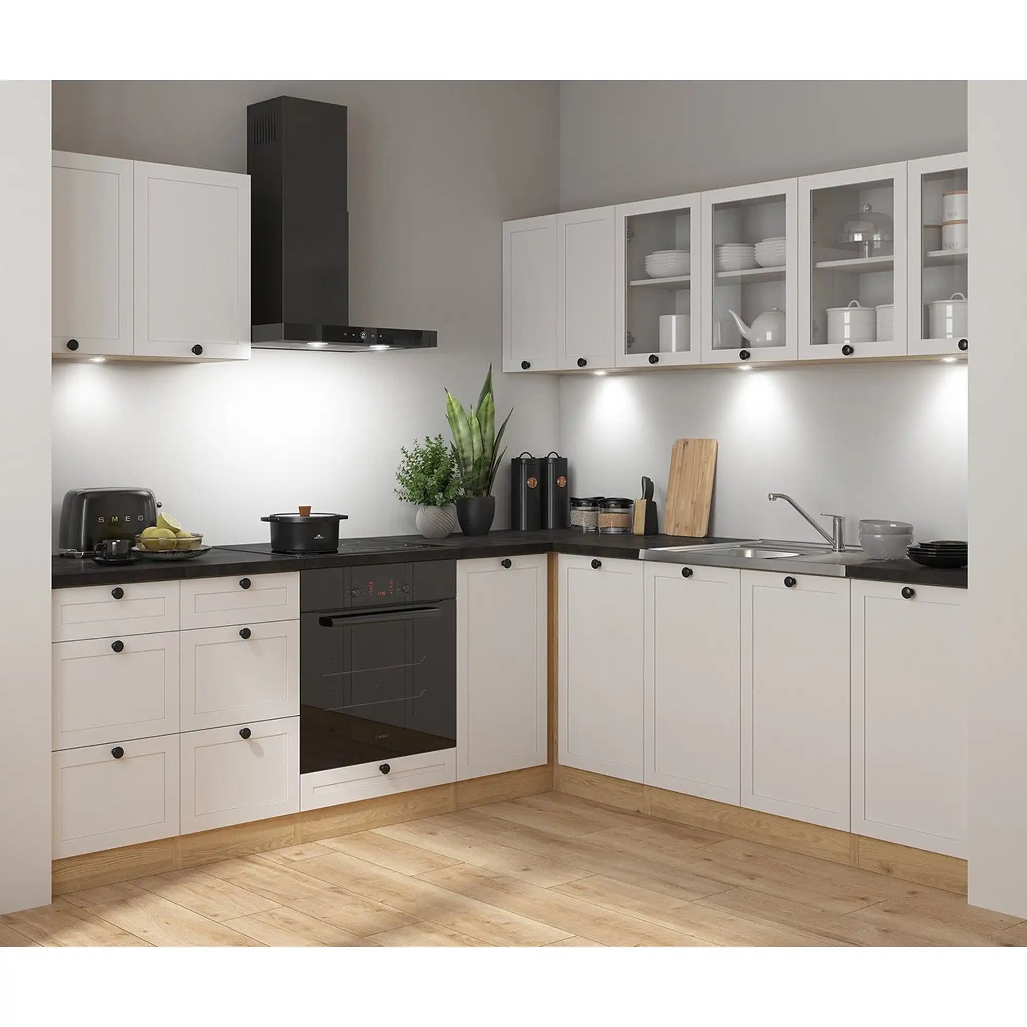 Set bucatarie JUNONA LINE, alb/stejar, PAL, 220x240 cm, cu blat negru