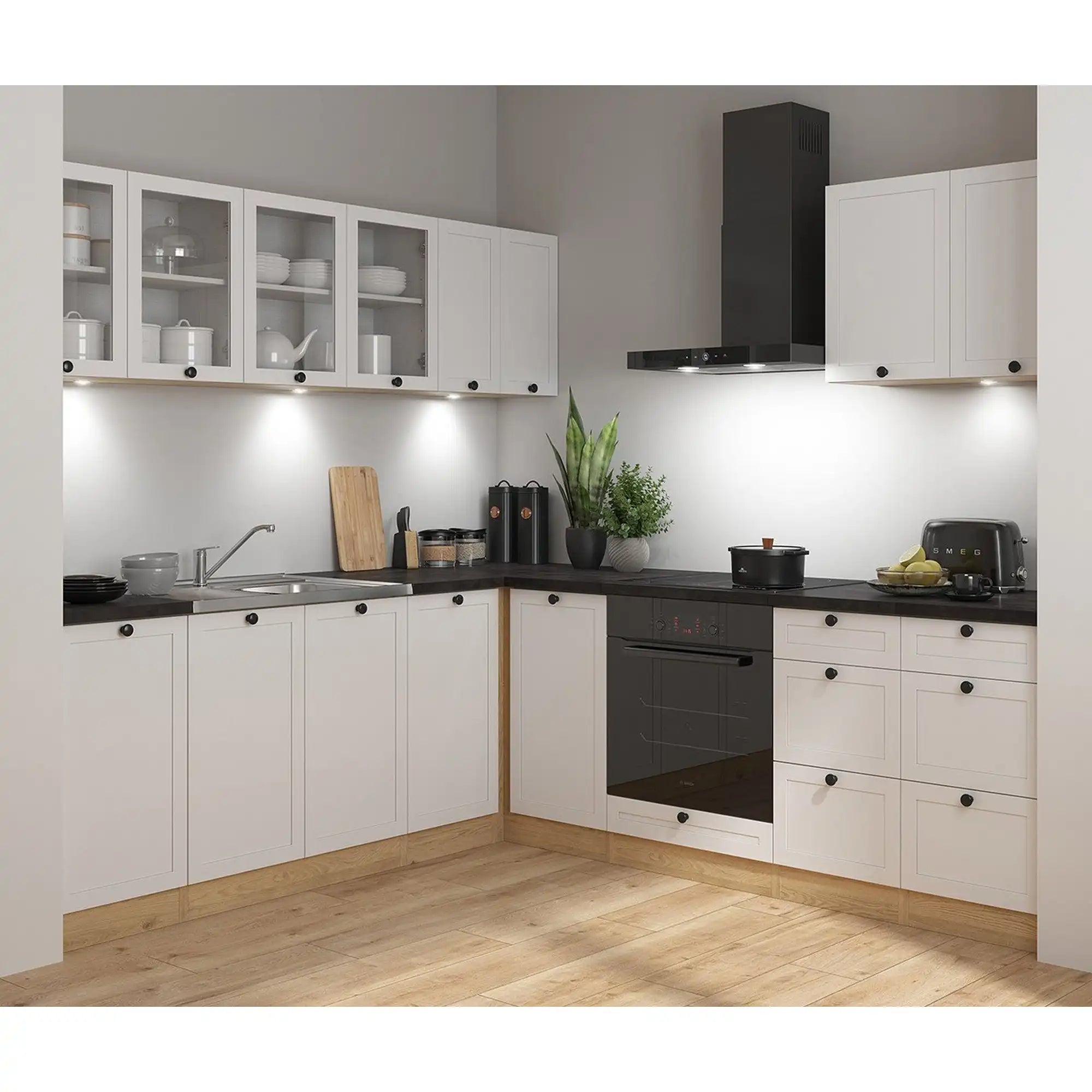 Set bucatarie JUNONA LINE, alb/stejar, PAL, 220x240 cm, cu blat negru