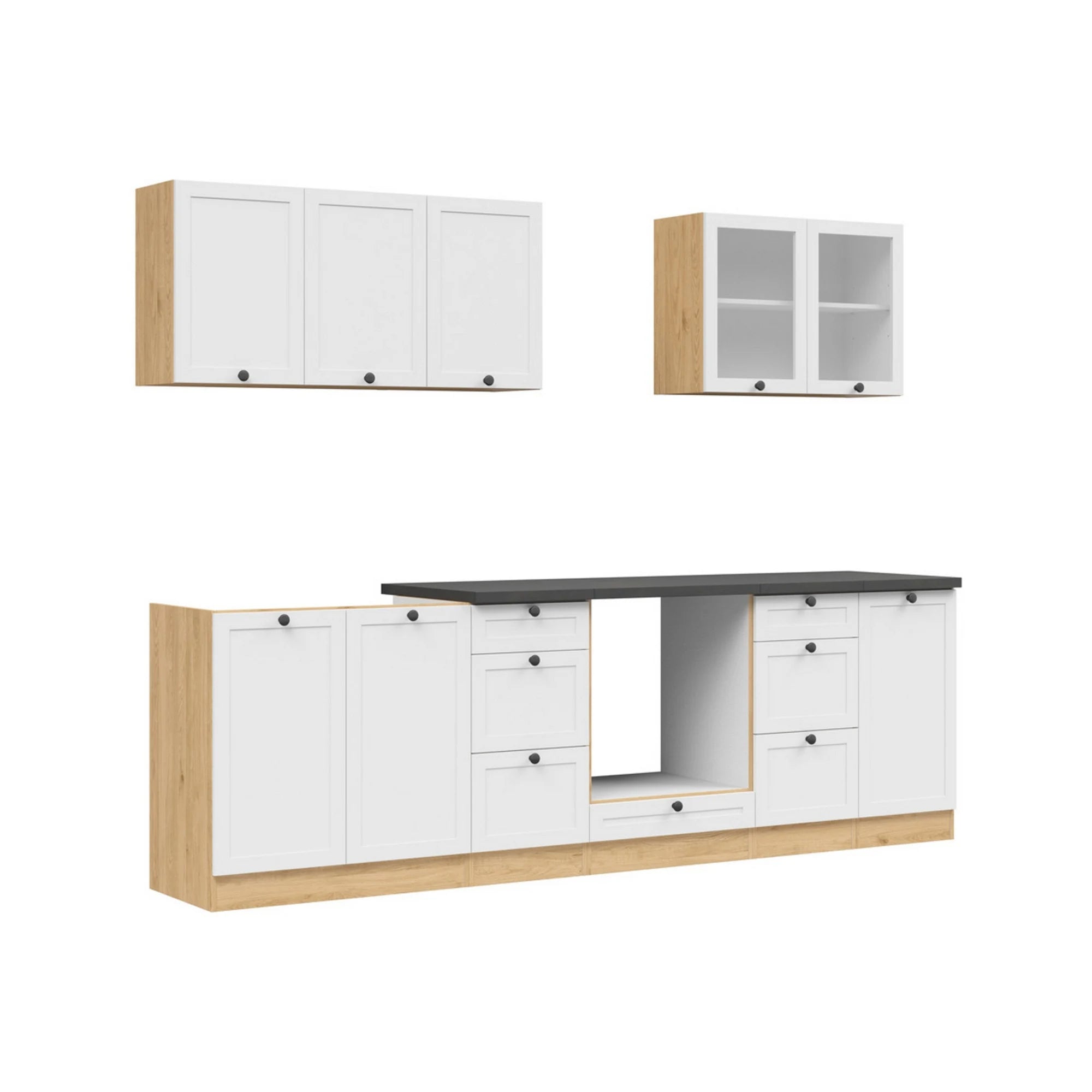 Set bucatarie JUNONA LINE, alb/stejar, PAL, 260 cm, cu blat negru