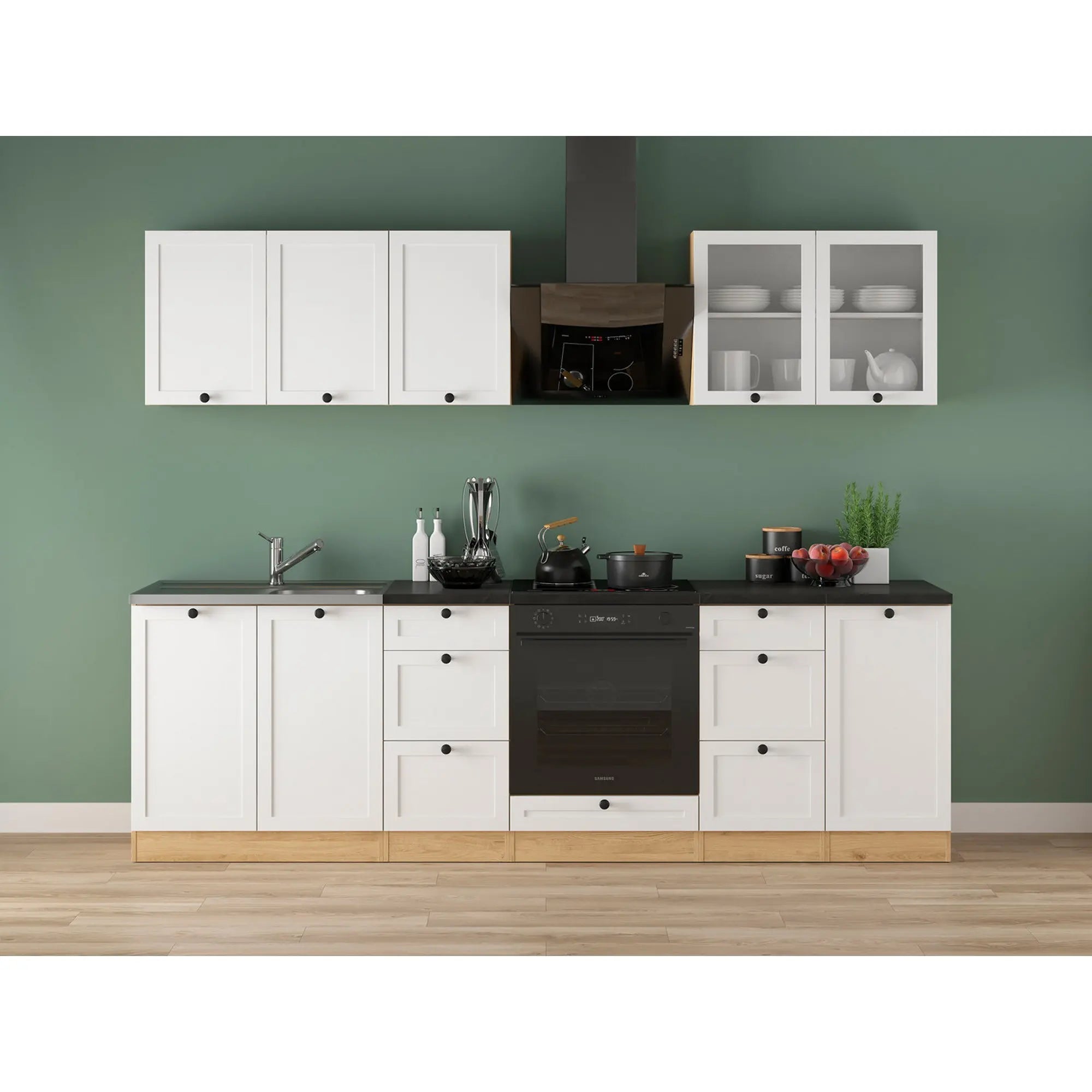 Set bucatarie JUNONA LINE, alb/stejar, PAL, 260 cm, cu blat negru