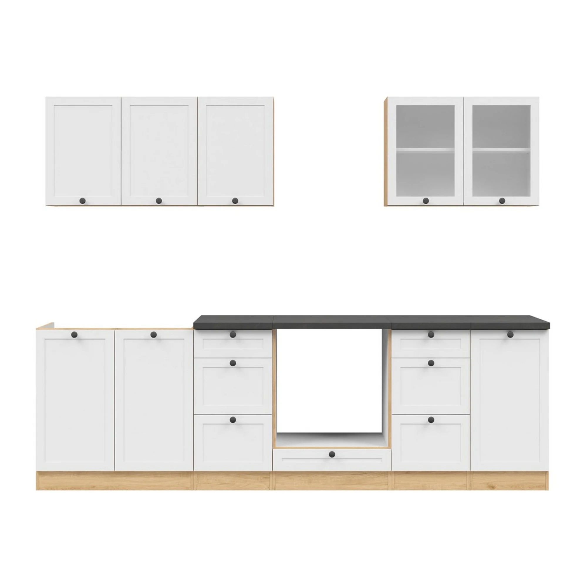 Set bucatarie JUNONA LINE, alb/stejar, PAL, 260 cm, cu blat negru