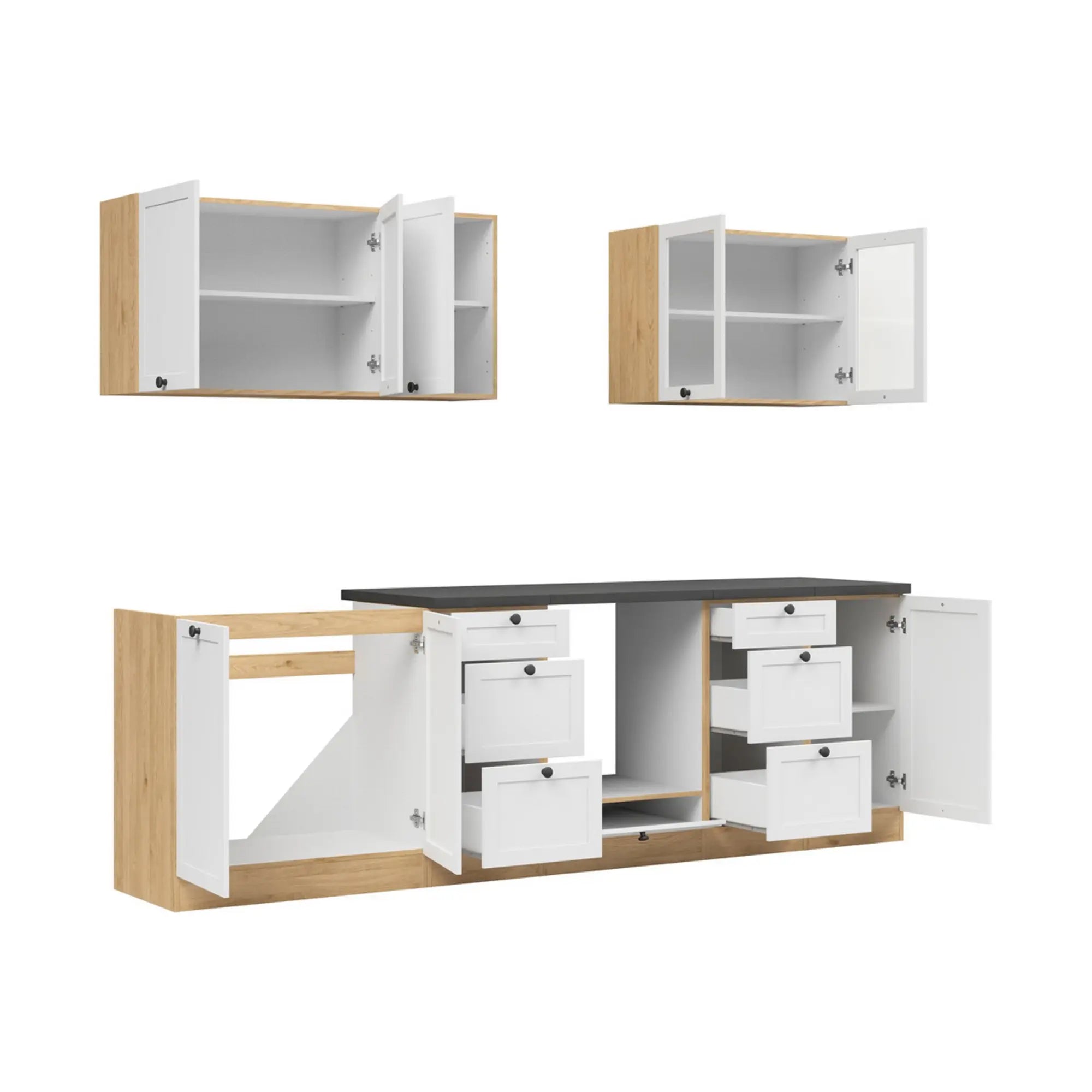 Set bucatarie JUNONA LINE, alb/stejar, PAL, 260 cm, cu blat negru