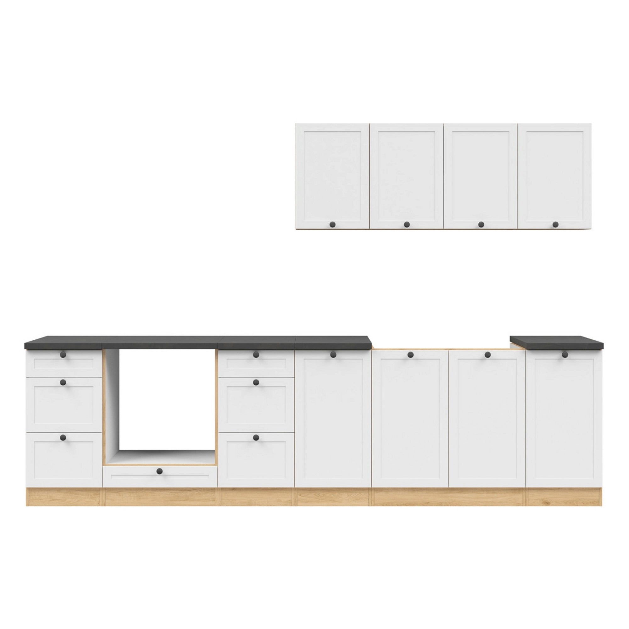 Set bucatarie JUNONA LINE, alb/stejar, PAL, 300 cm, cu blat negru