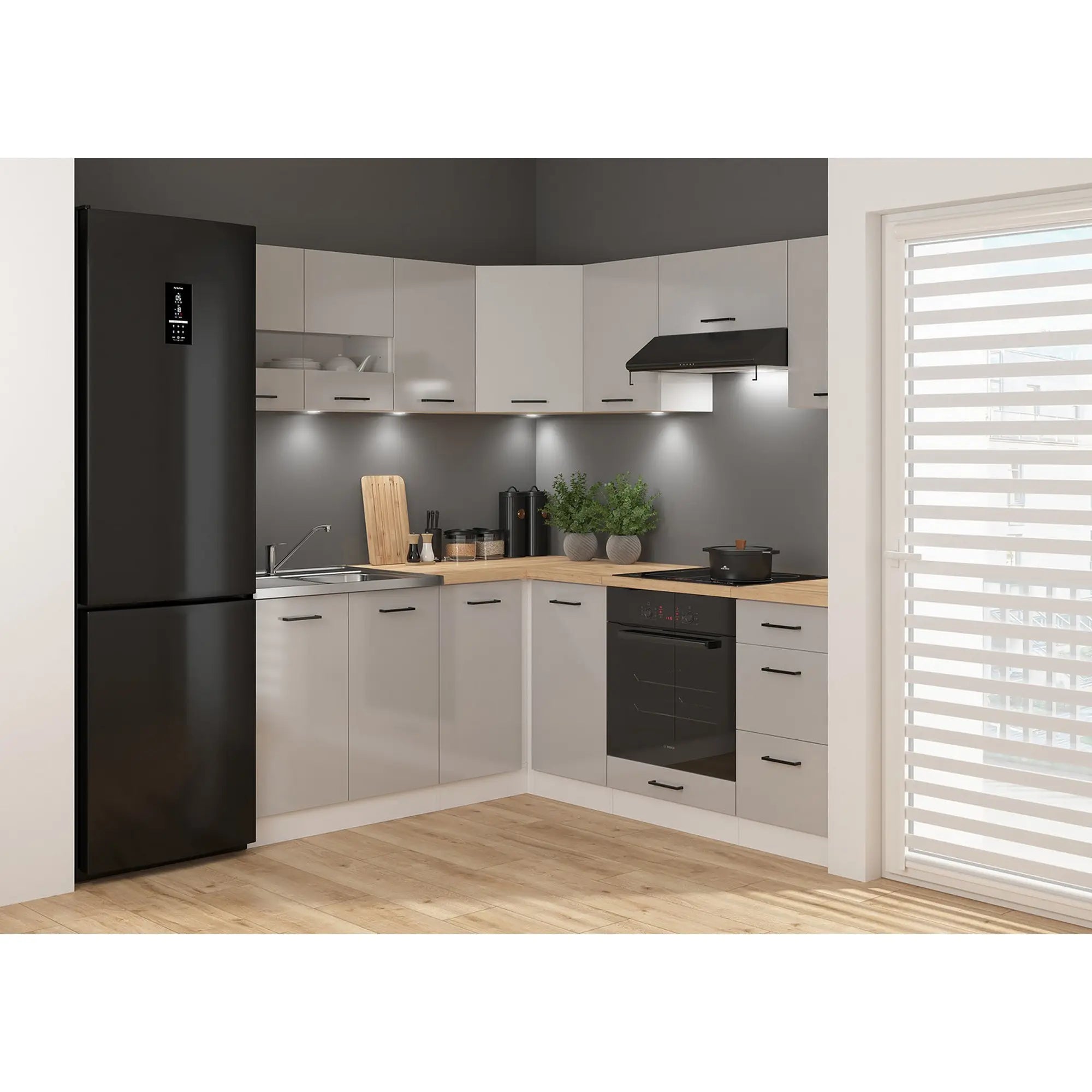 Set bucatarie JUNONA LINE, gri deschis/alb, PAL, 180x200 cm, cu blat stejar artisan