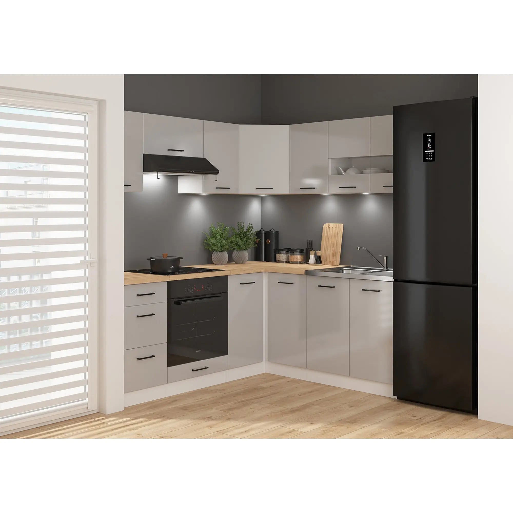 Set bucatarie JUNONA LINE, gri deschis/alb, PAL, 180x200 cm, cu blat stejar artisan