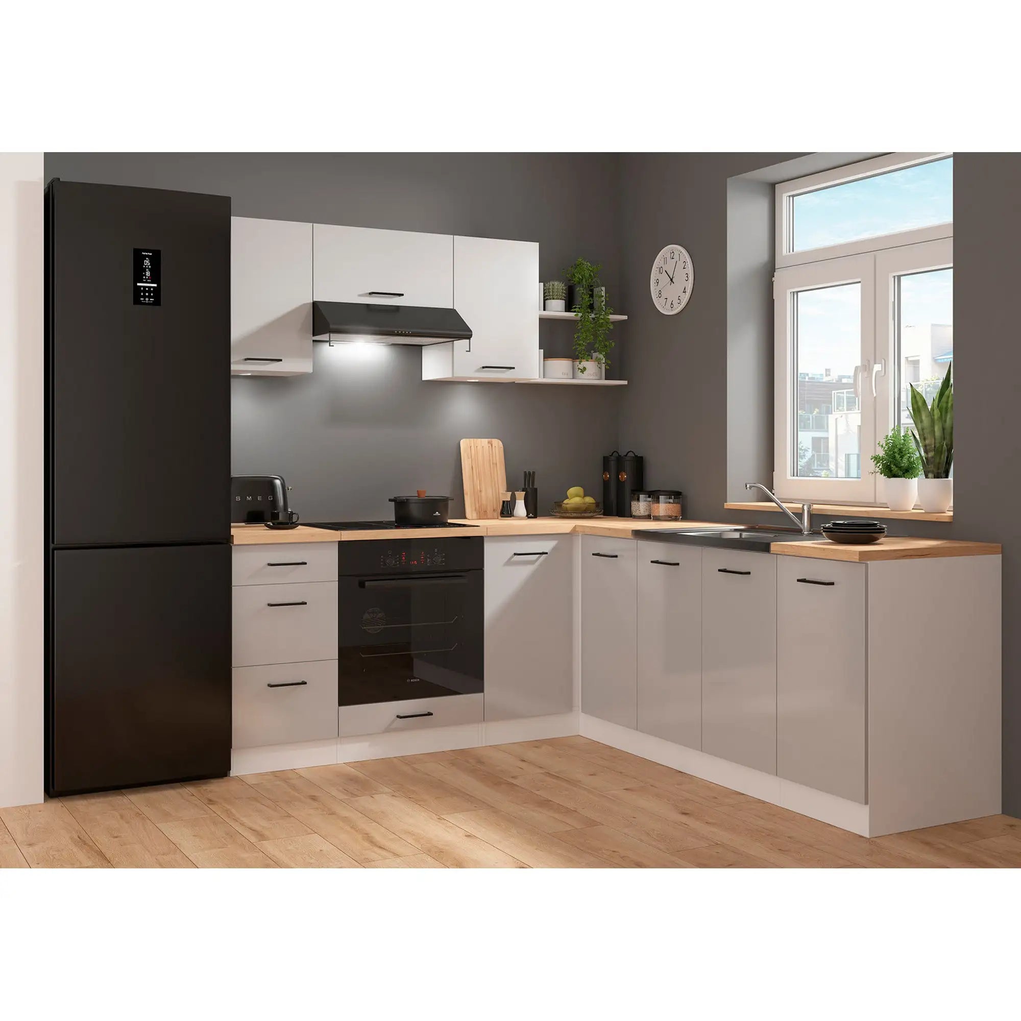 Set bucatarie JUNONA LINE, gri deschis/alb, PAL, 200x220 cm, cu blat stejar artisan